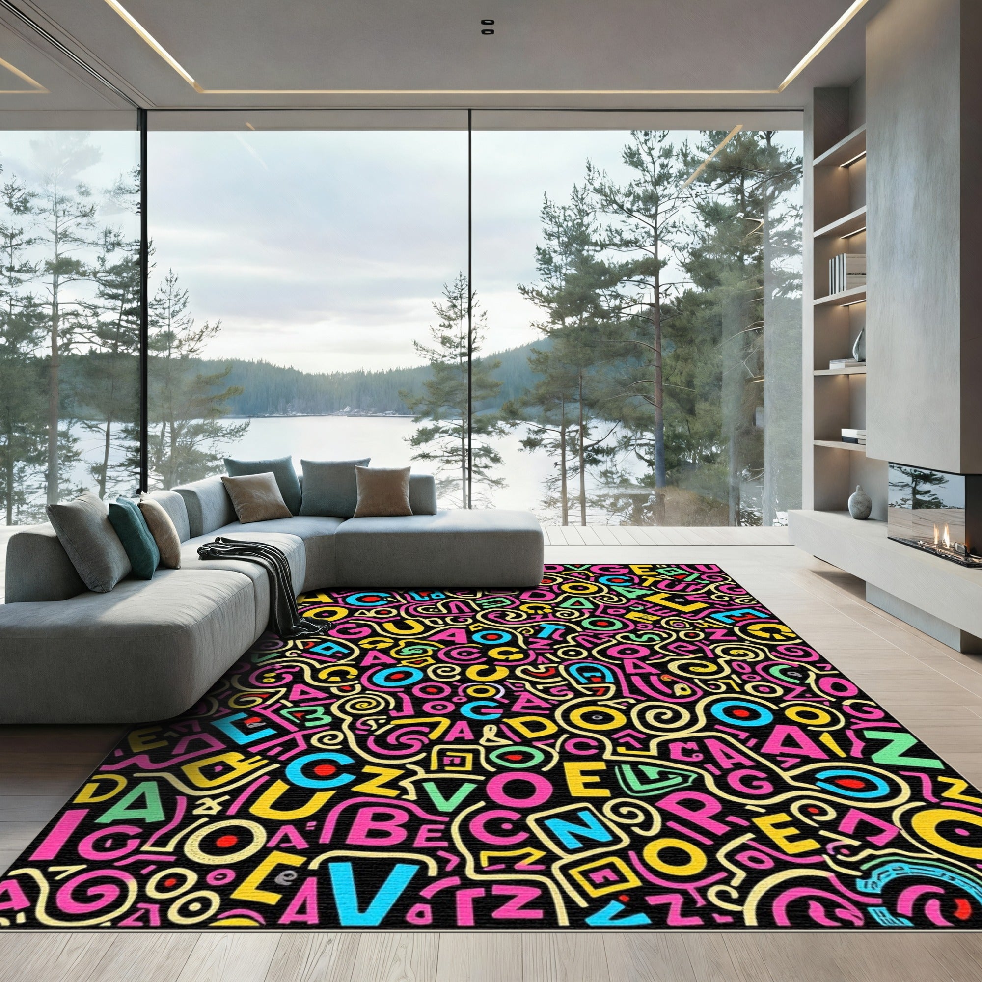 Vibrant Alphabet Chaos Collage Rug