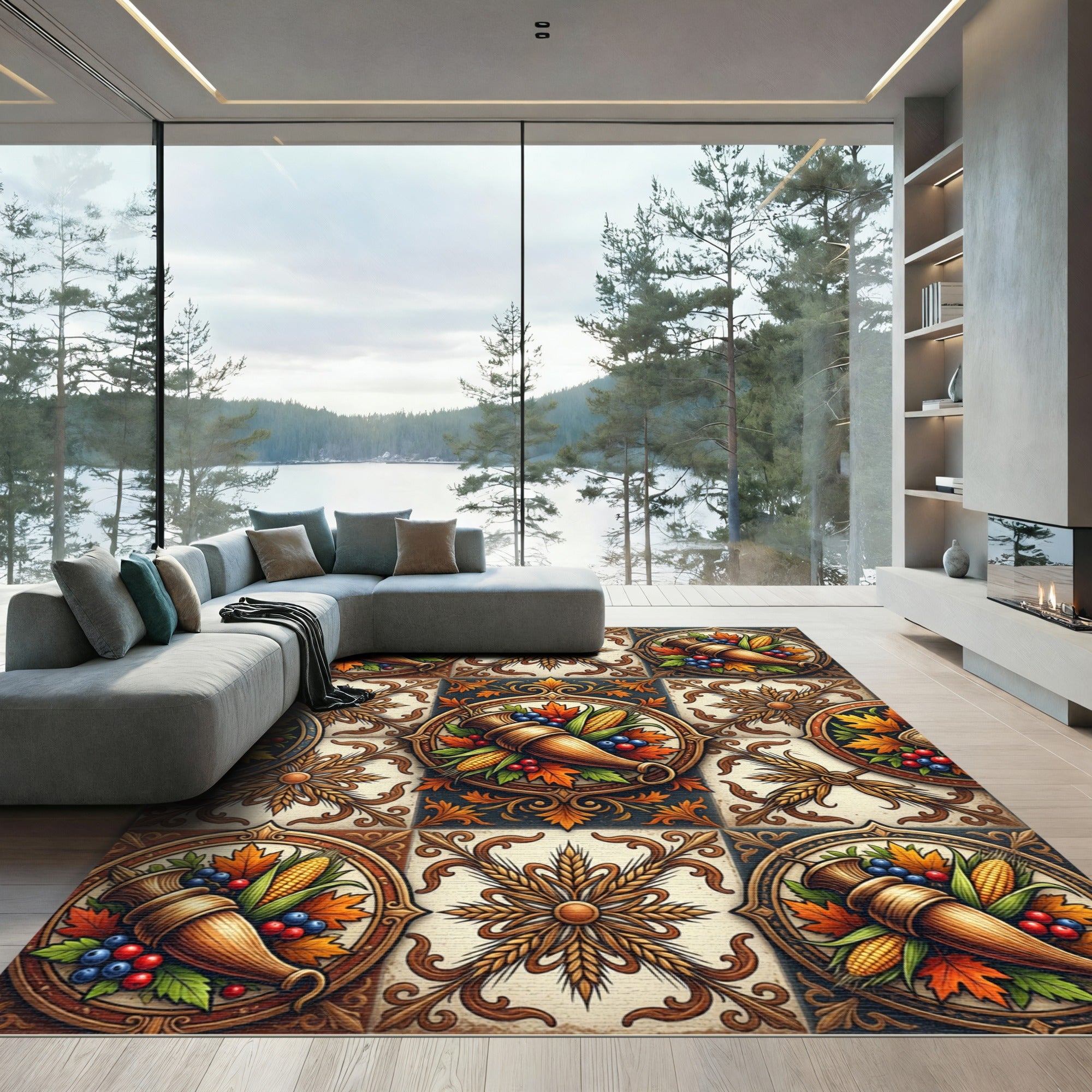 Earthy Harvest Cornucopia Wheat Tile Rug