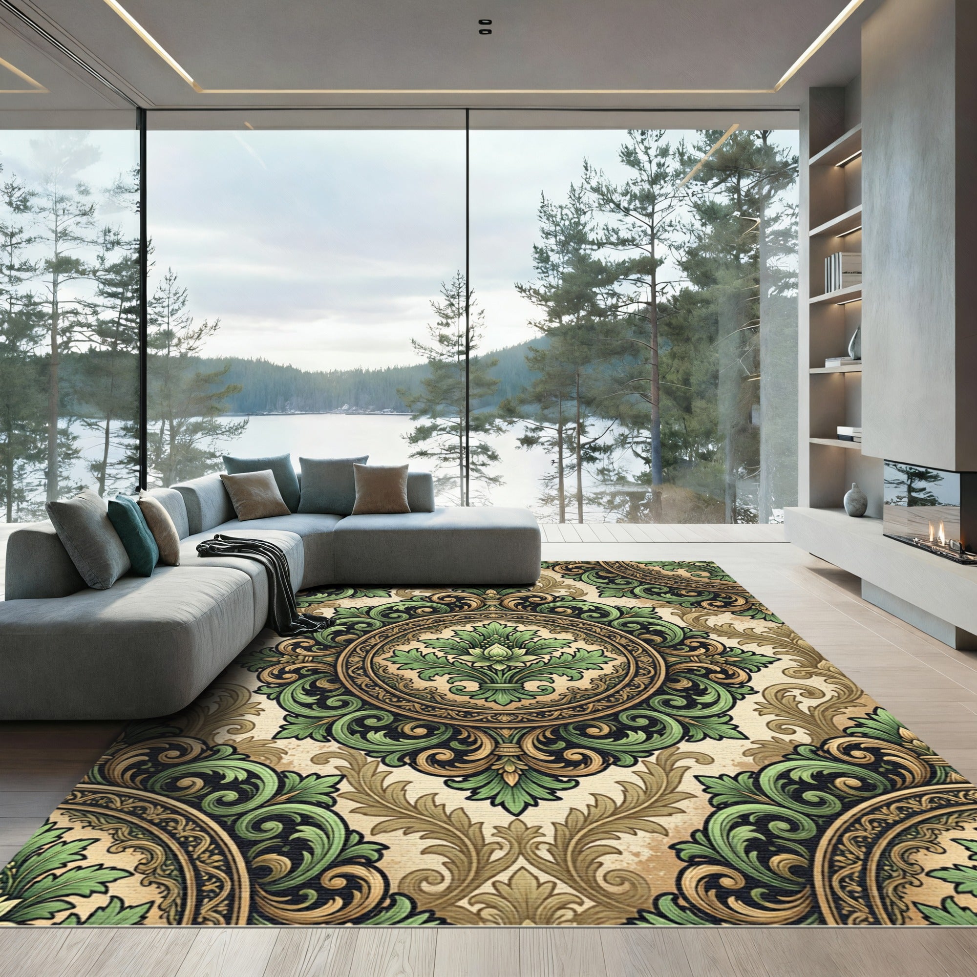 Green Leaf Scrollwork Medallion Rug
