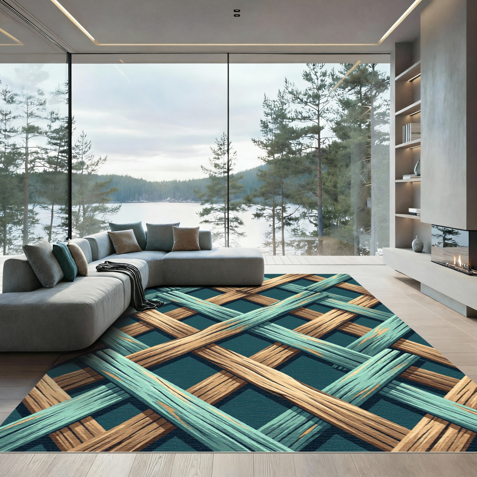Teal and Beige Woven Lattice Grid Rug