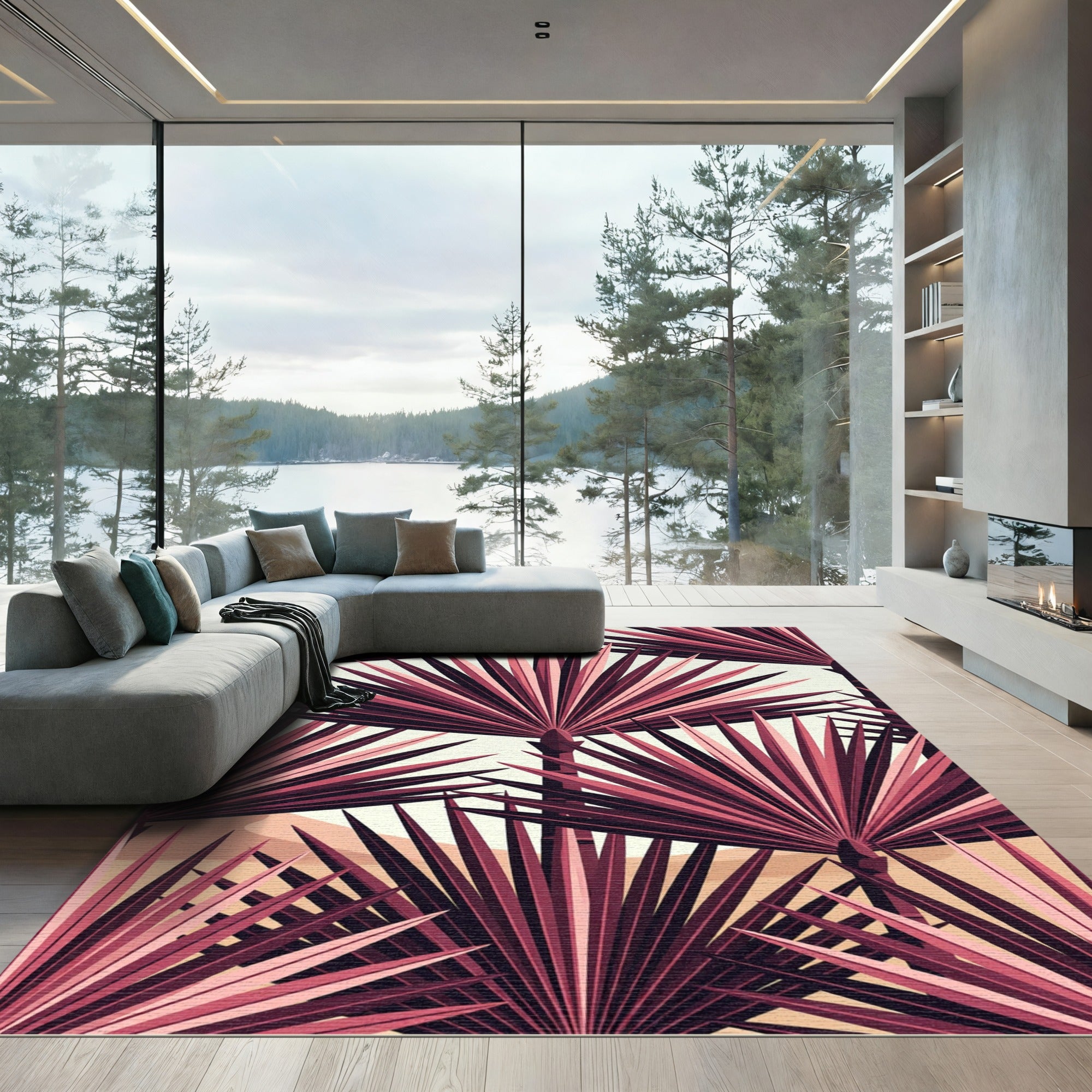 Crimson Palm Leaf Tropical Layering Rug