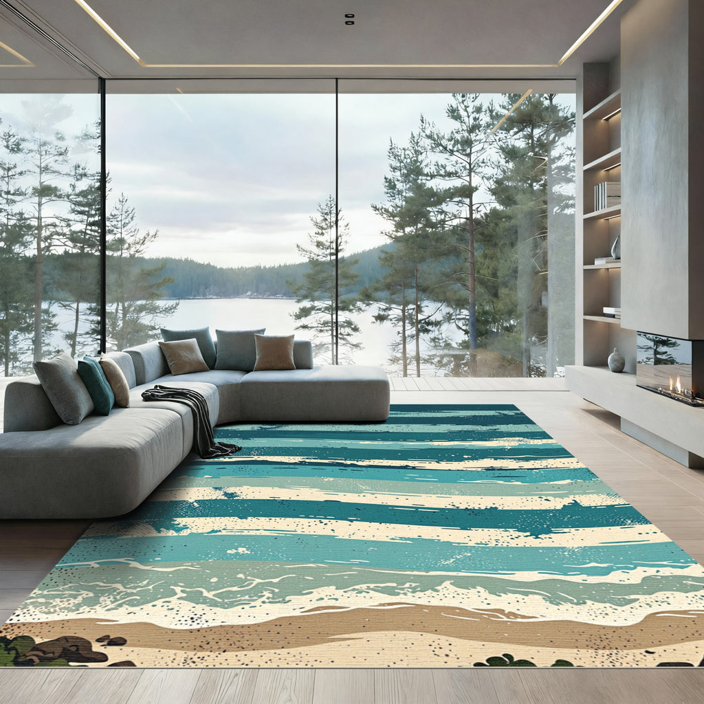 Abstract Teal and Cream Wave Ocean Rug