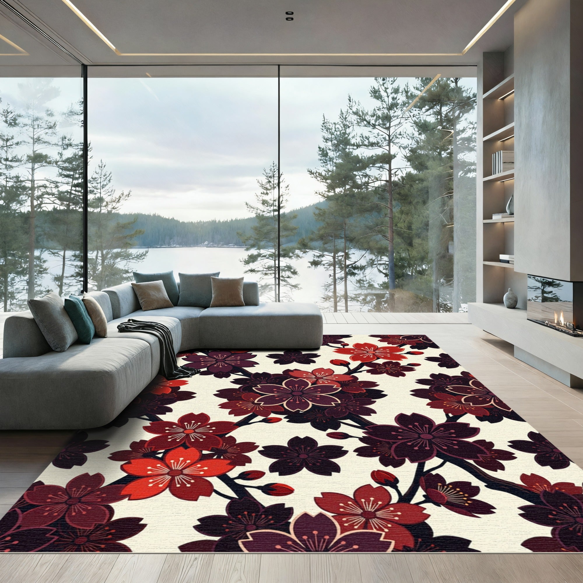 Crimson Cherry Blossom Branch Arrangement Rug