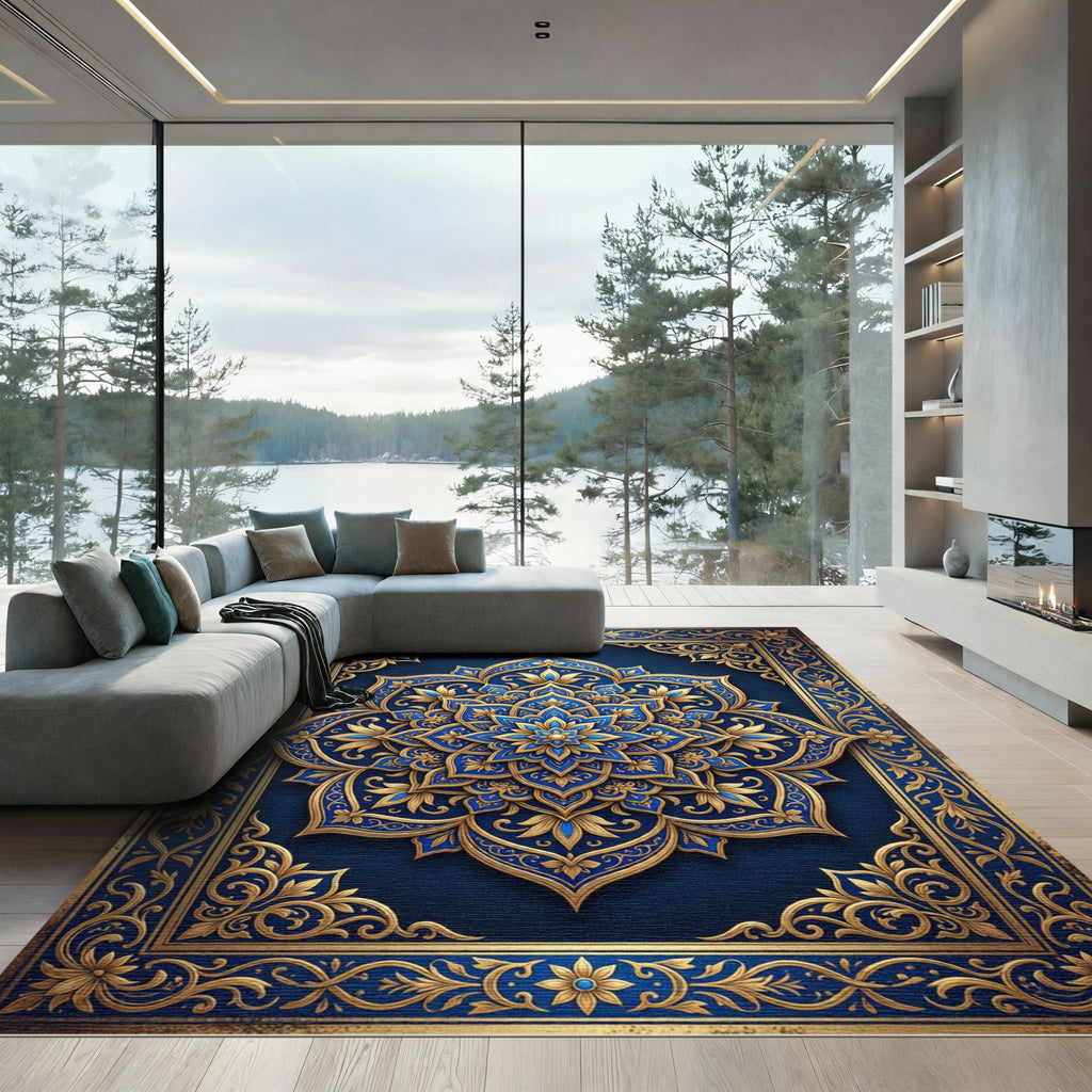 Deep Blue Golden Royal Medallion Rug