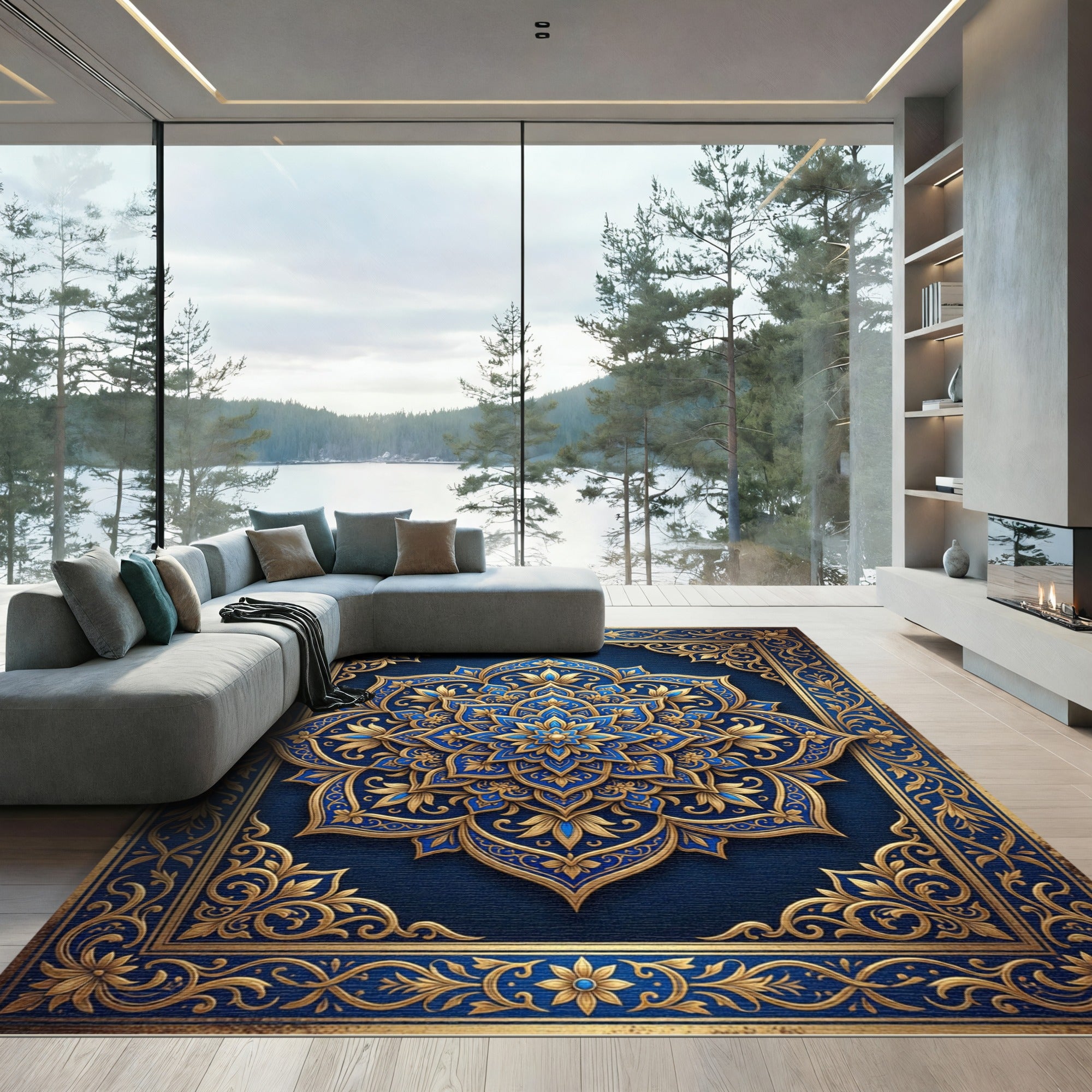 Deep Blue Golden Royal Medallion Rug
