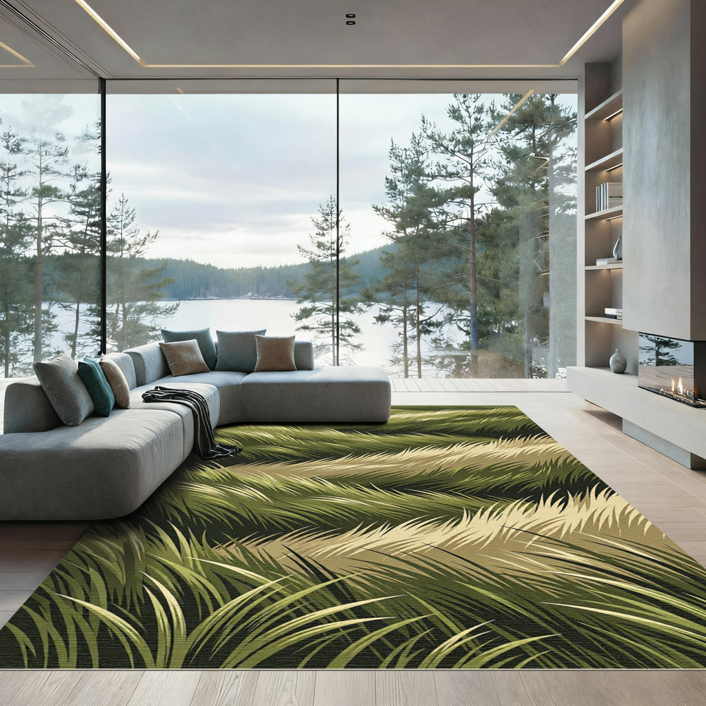 Abstract Wavy Olive Green Grass Rug