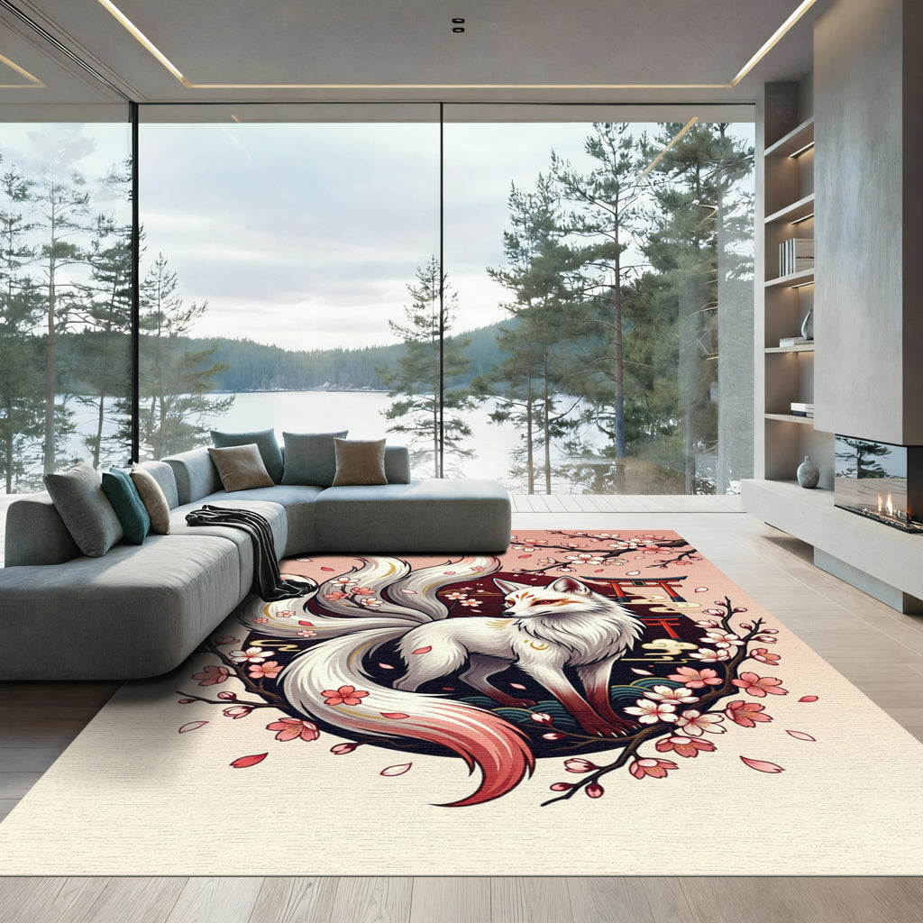 Mythical White Kitsune Cherry Blossom Art Rug