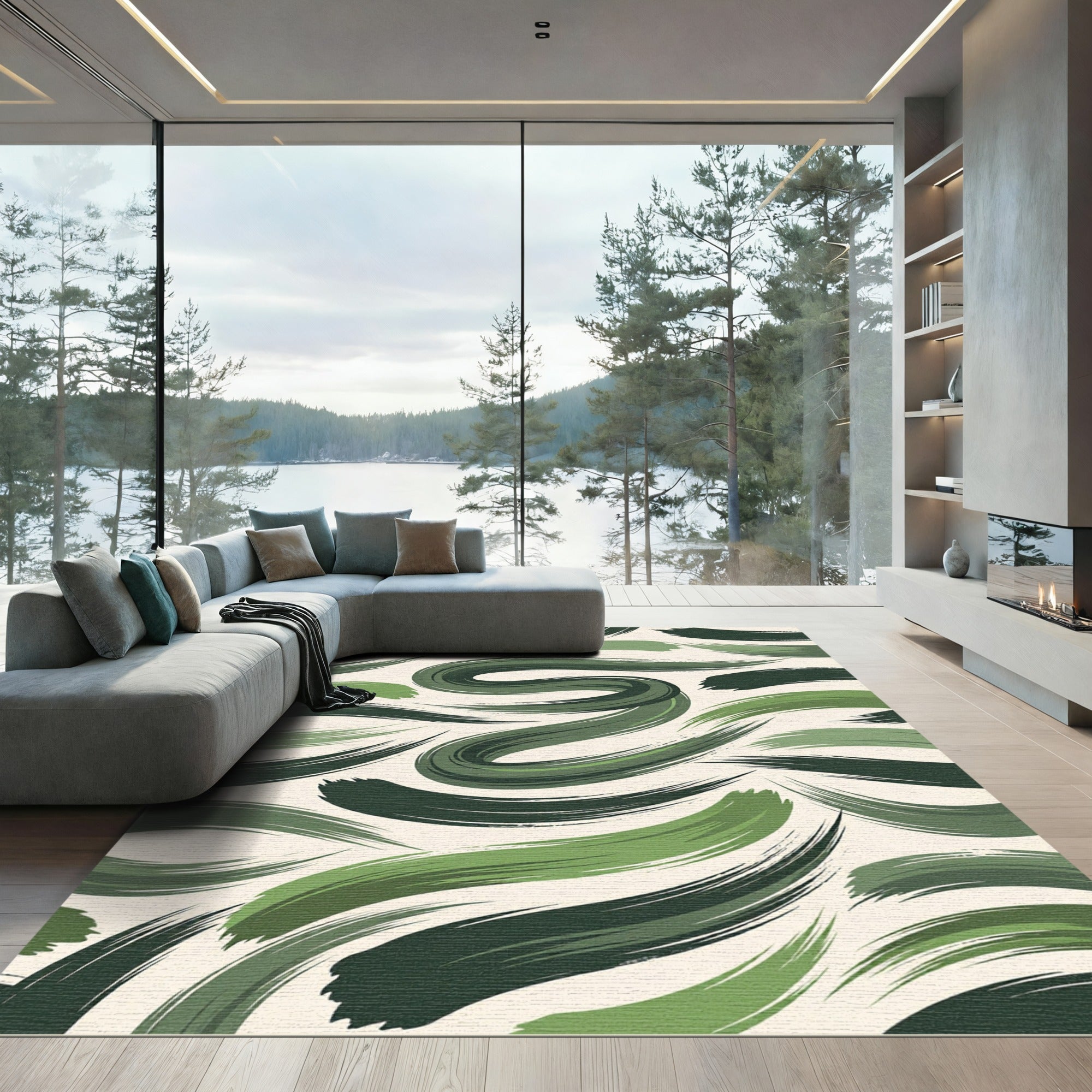 Curving Green Brushstroke Abstract Rug