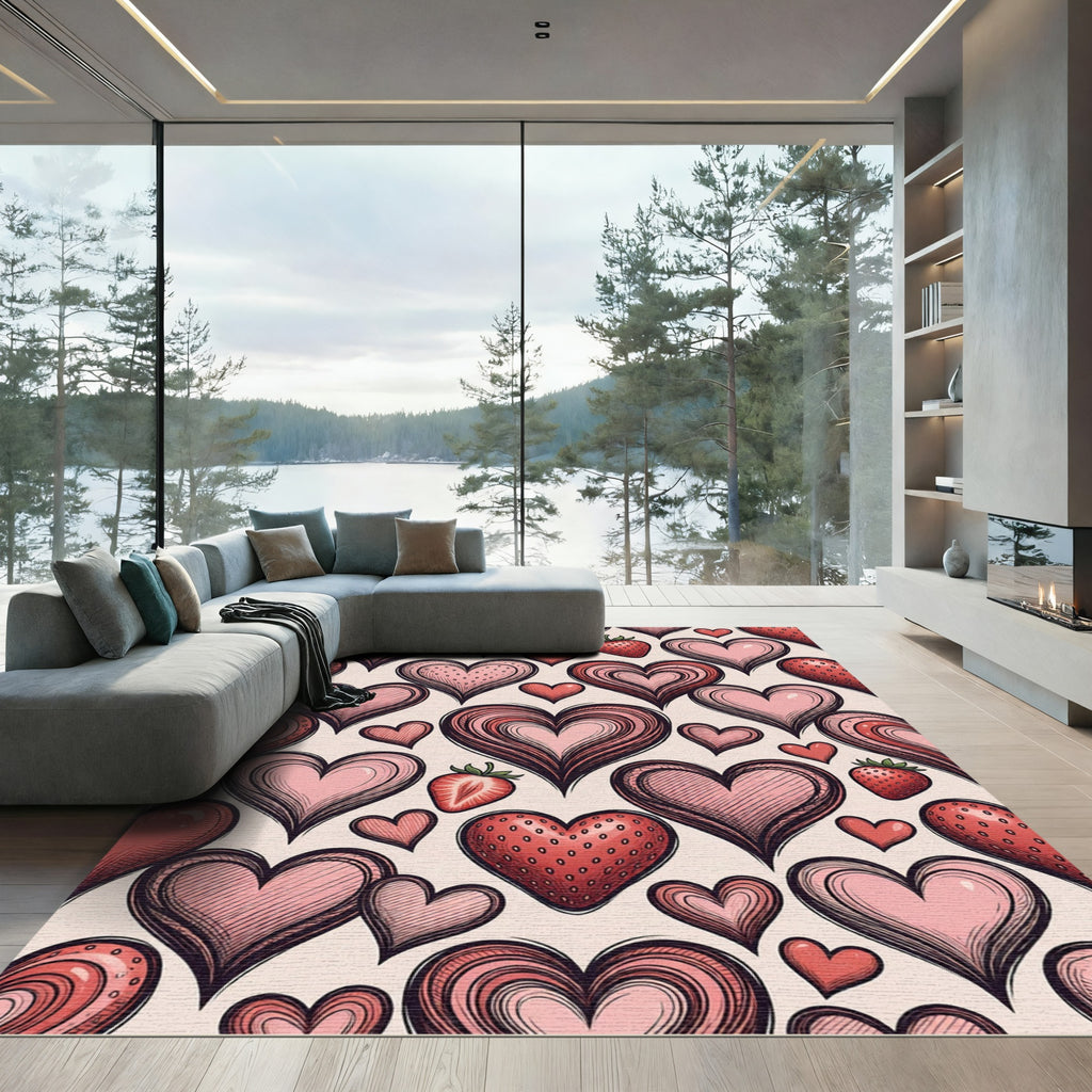 Pink Hearts and Strawberries Composition Rug