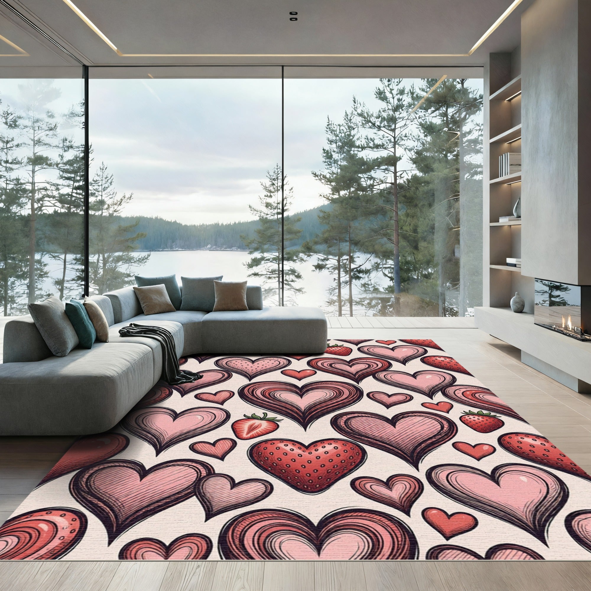 Pink Hearts and Strawberries Composition Rug