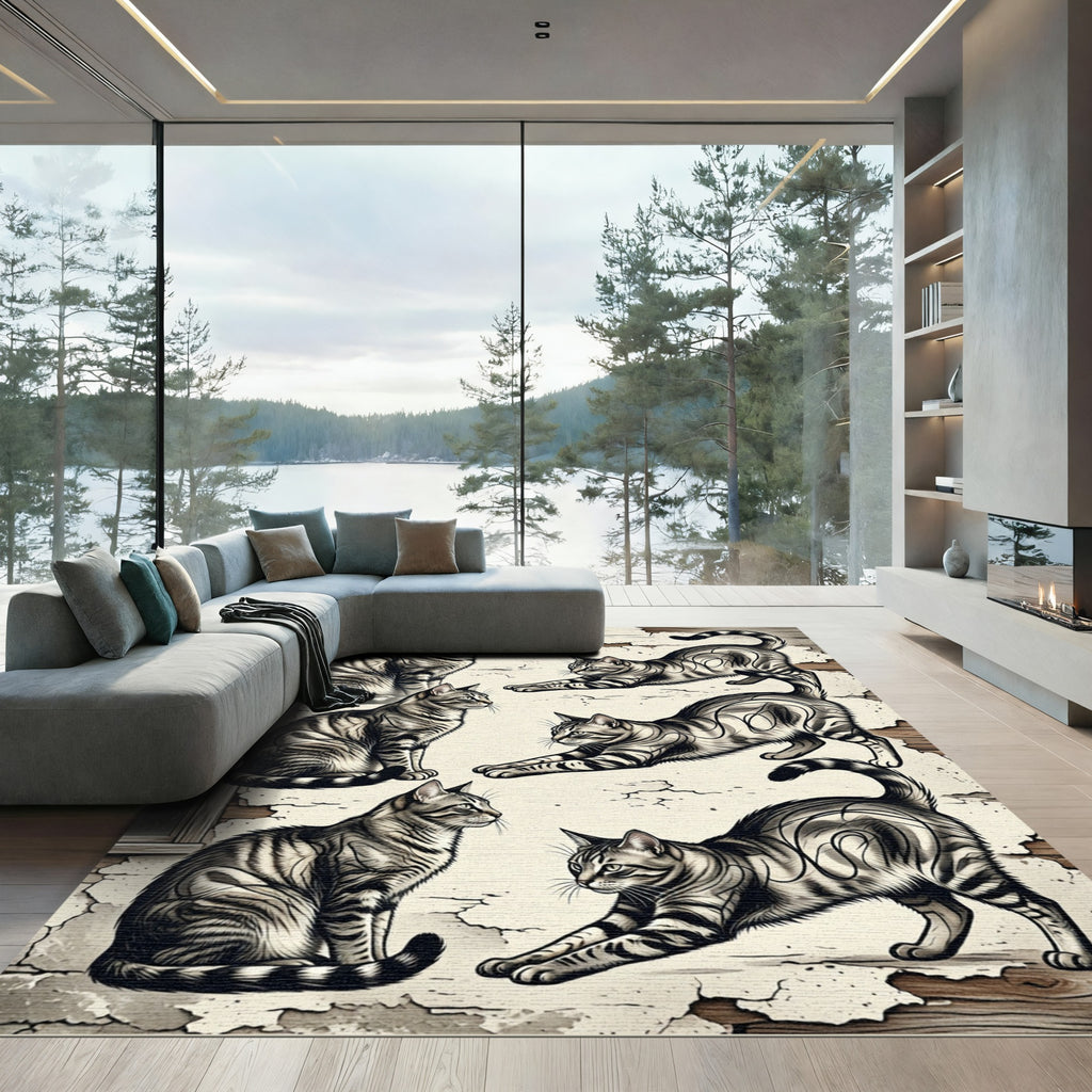 Monochromatic Tabby Cat Illustration Rug