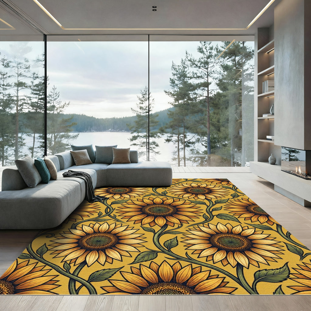 Sunny Golden Sunflower Botanical Illustration Rug