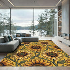 Sunny Golden Sunflower Botanical Illustration Rug