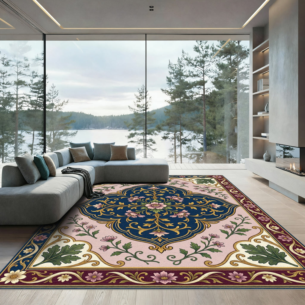 Elegant Navy Pink Floral Medallion Rug