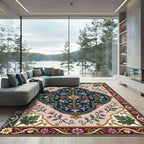 Elegant Navy Pink Floral Medallion Rug
