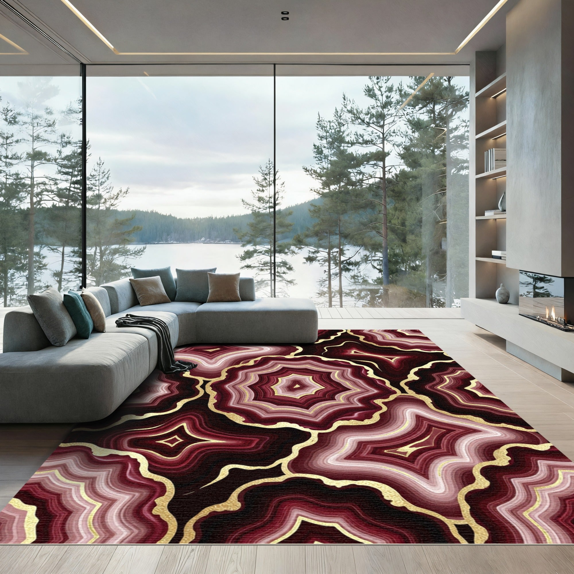 Crimson Geode Slices Gold Veined Rug