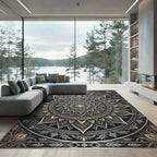 Ornate Gold and Charcoal Floral Mandala Rug
