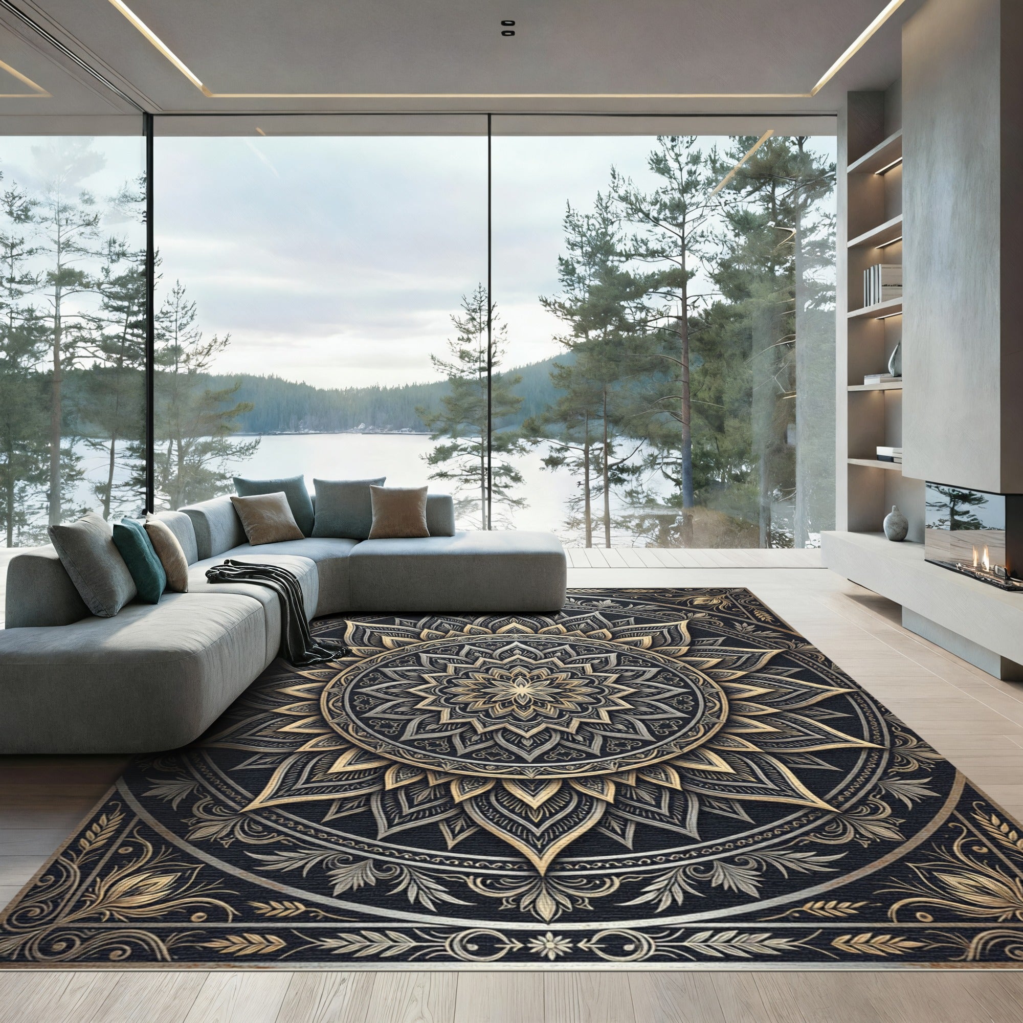 Ornate Gold and Charcoal Floral Mandala Rug