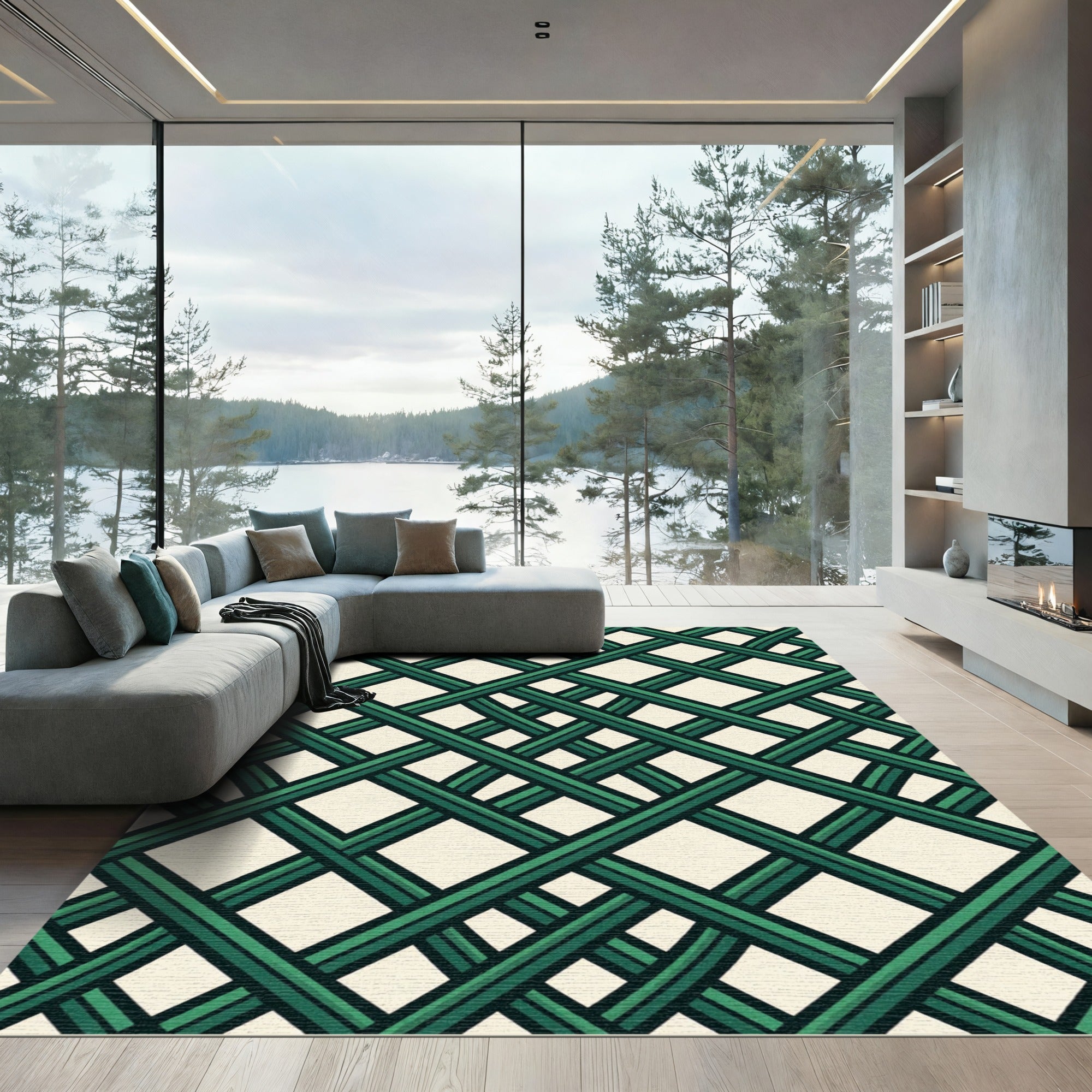 Emerald Green Geometric Interwoven Lattice Rug