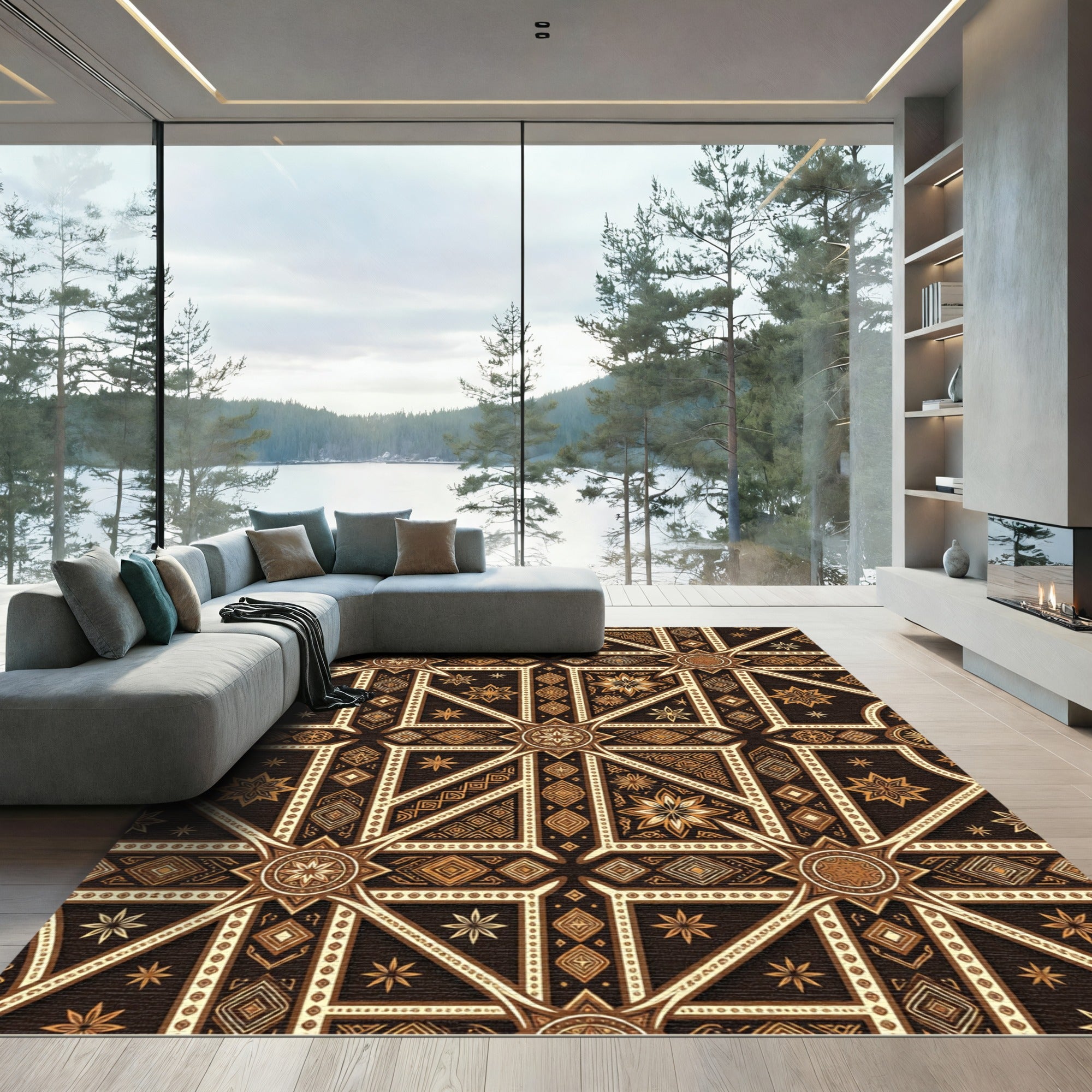 Ornate Brown Geometric Starburst Medallion Rug