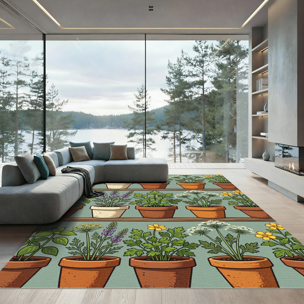 Potted Botanical Herb Garden Illustration Rug