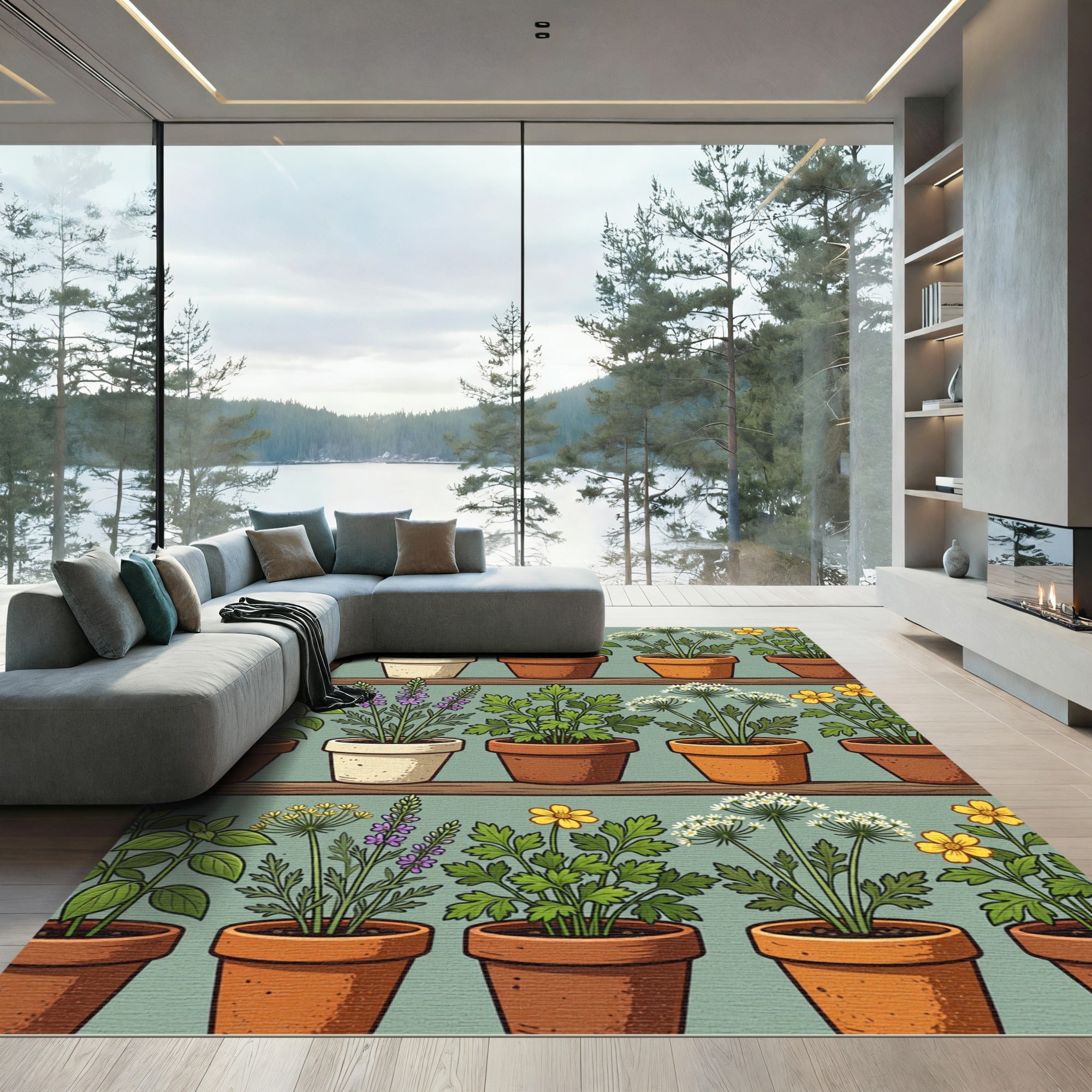 Potted Botanical Herb Garden Illustration Rug