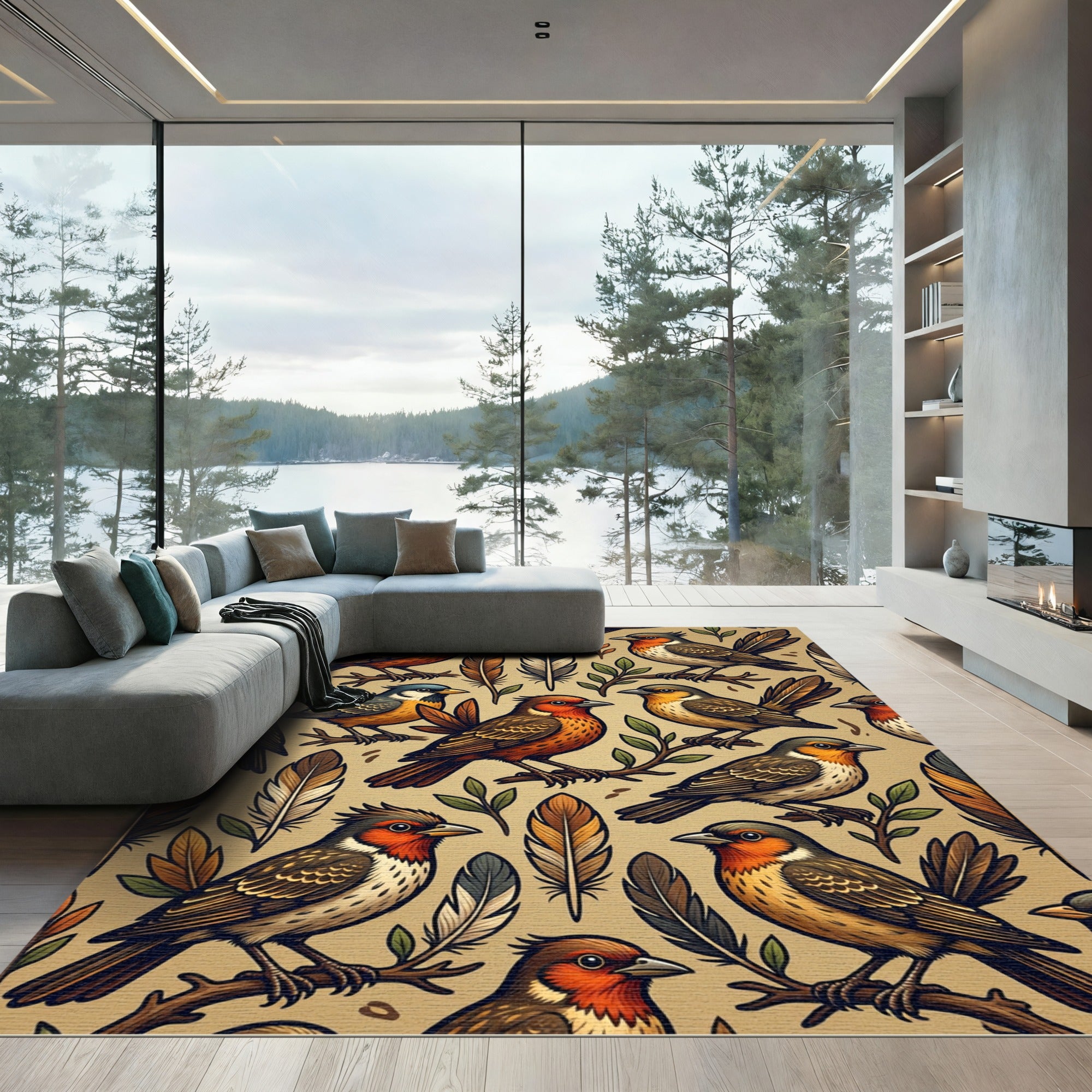 Autumn Songbird Feathers Earthy Woodland Rug