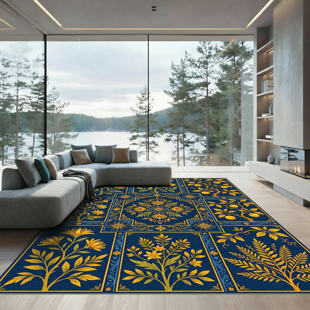 Golden Floral Botanical Navy Tile Collage Rug