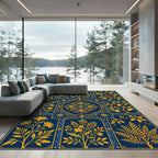 Golden Floral Botanical Navy Tile Collage Rug