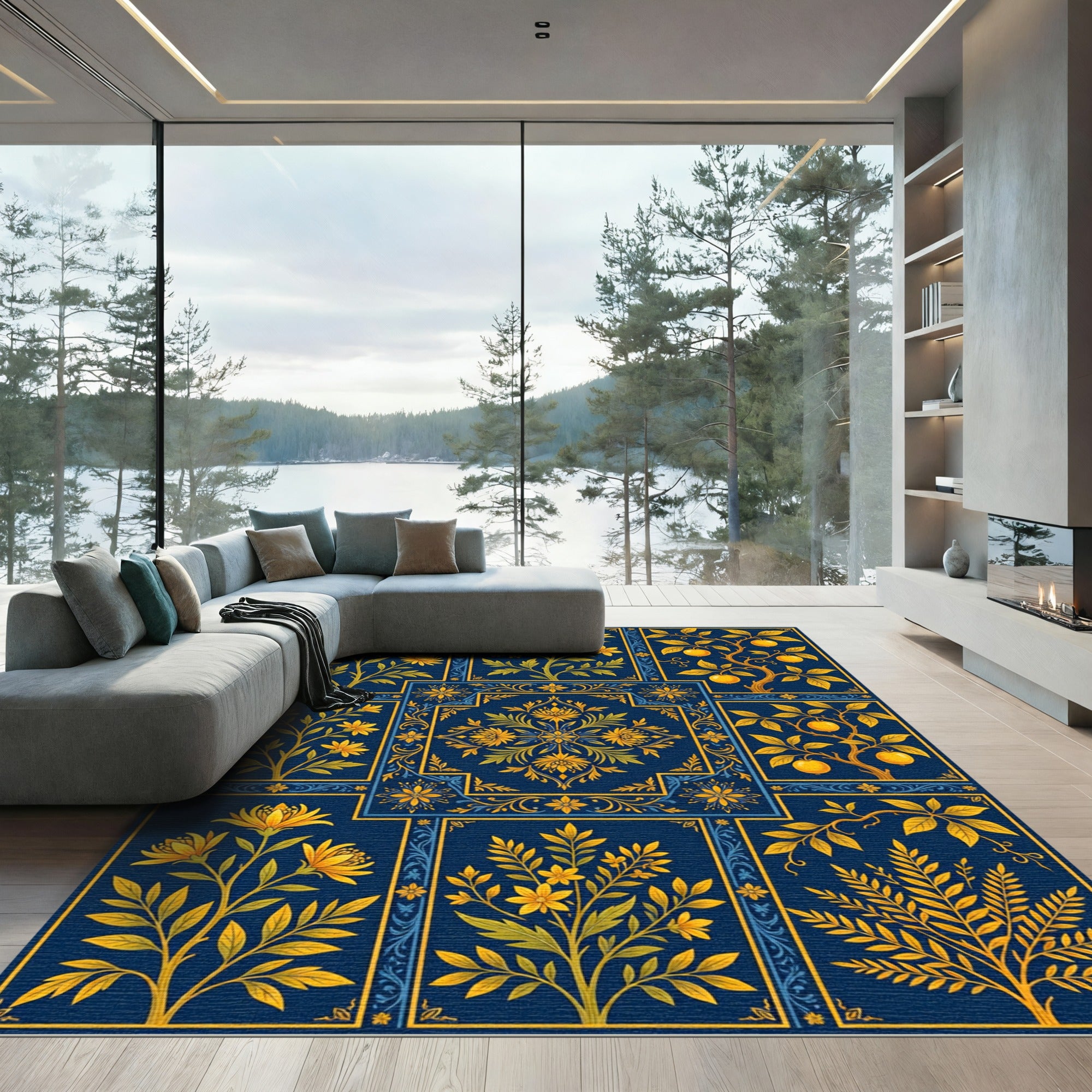 Golden Floral Botanical Navy Tile Collage Rug