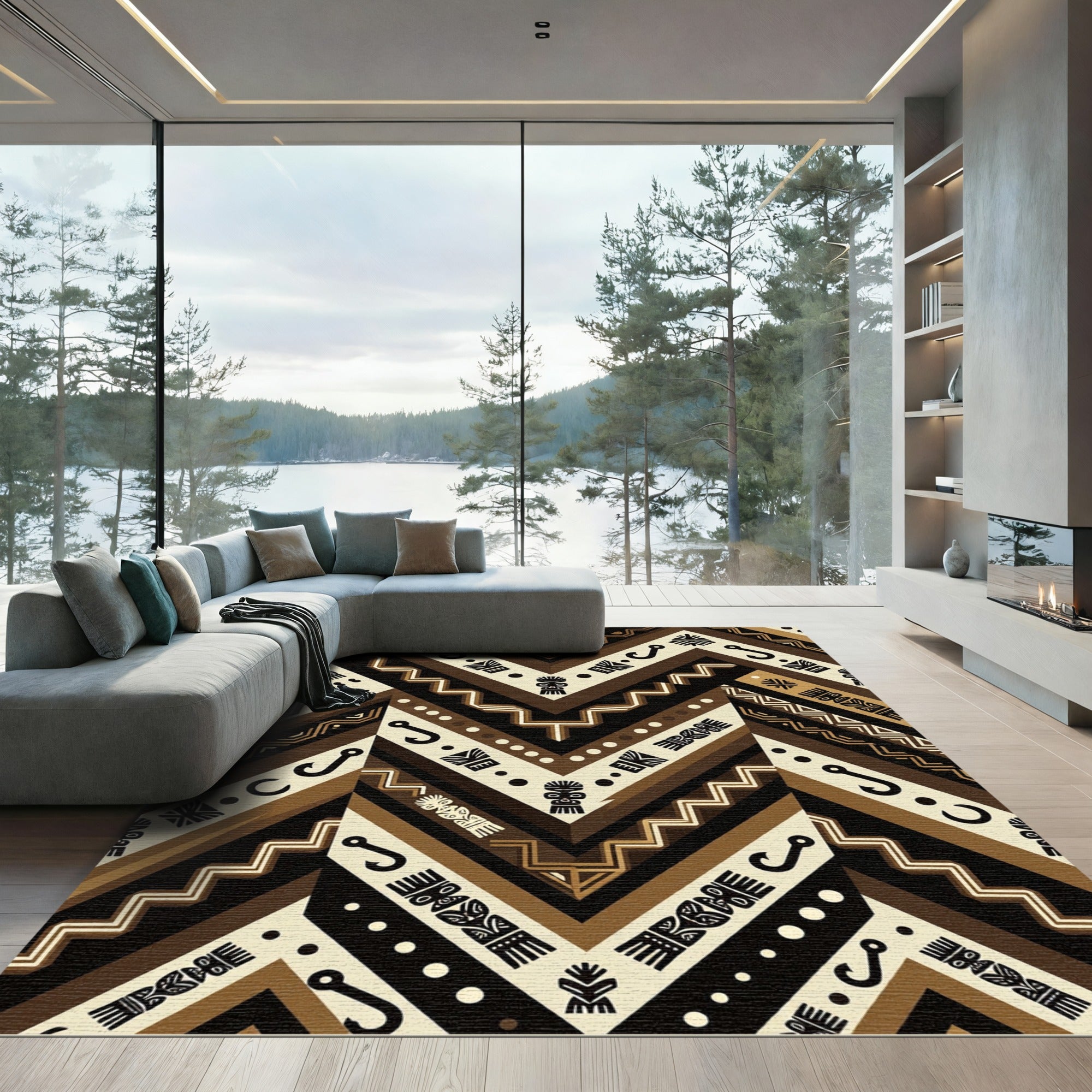Tribal Brown Geometric Chevron Totem Rug