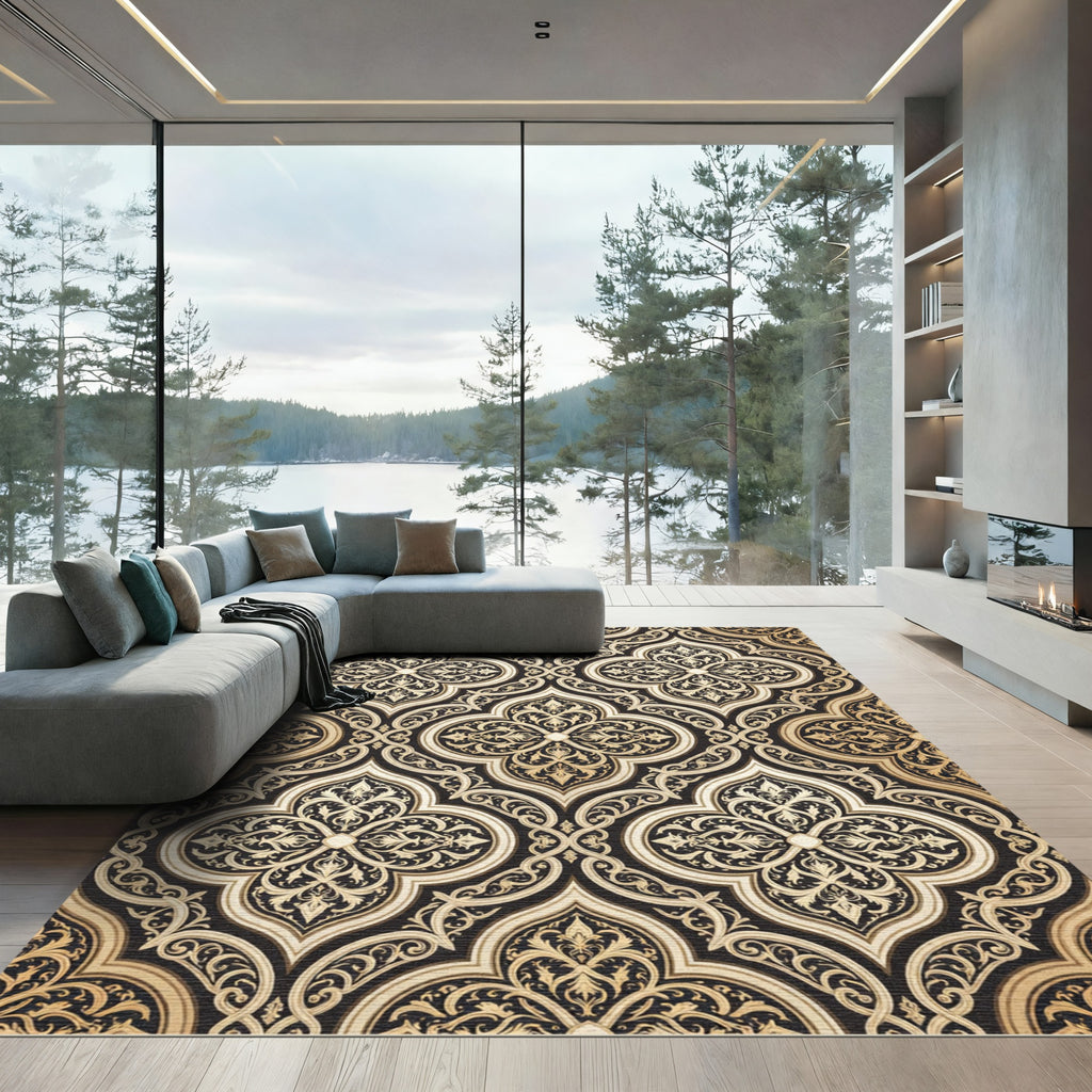 Elegant Black Gold Arabesque Medallion Rug