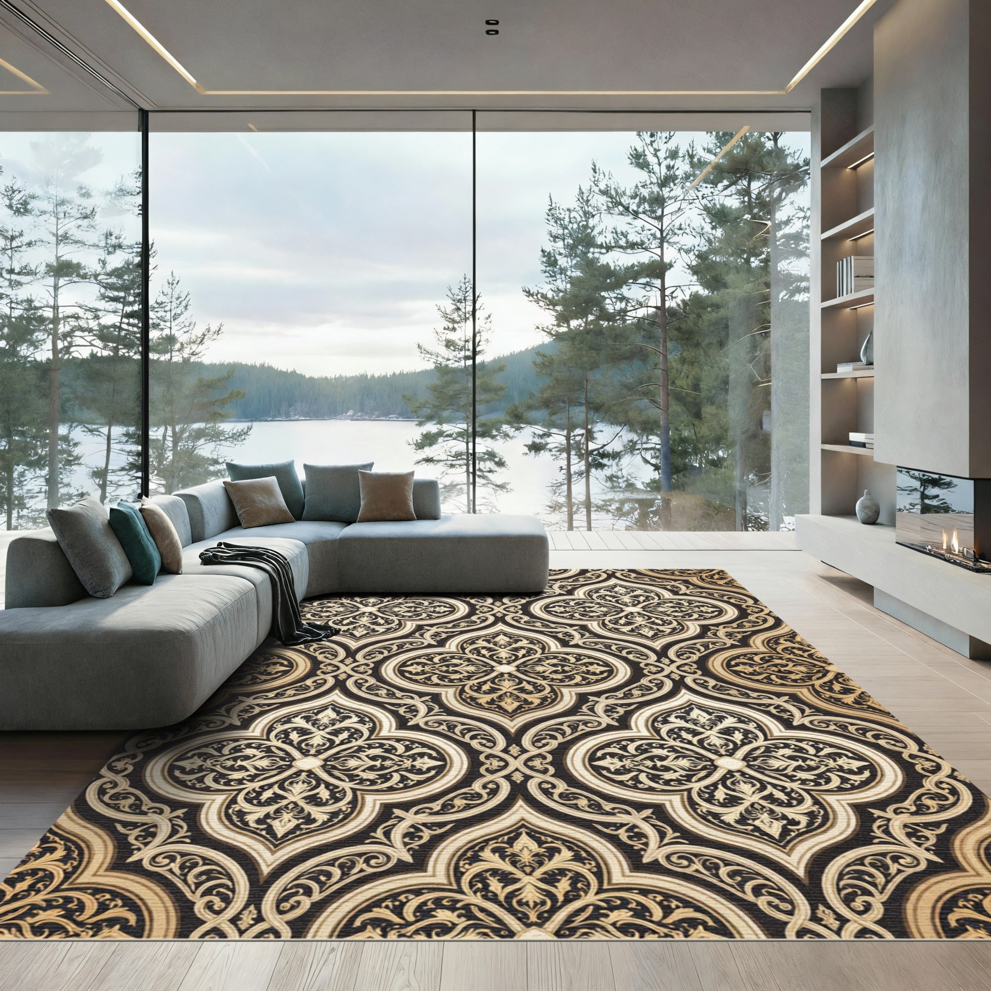 Elegant Black Gold Arabesque Medallion Rug