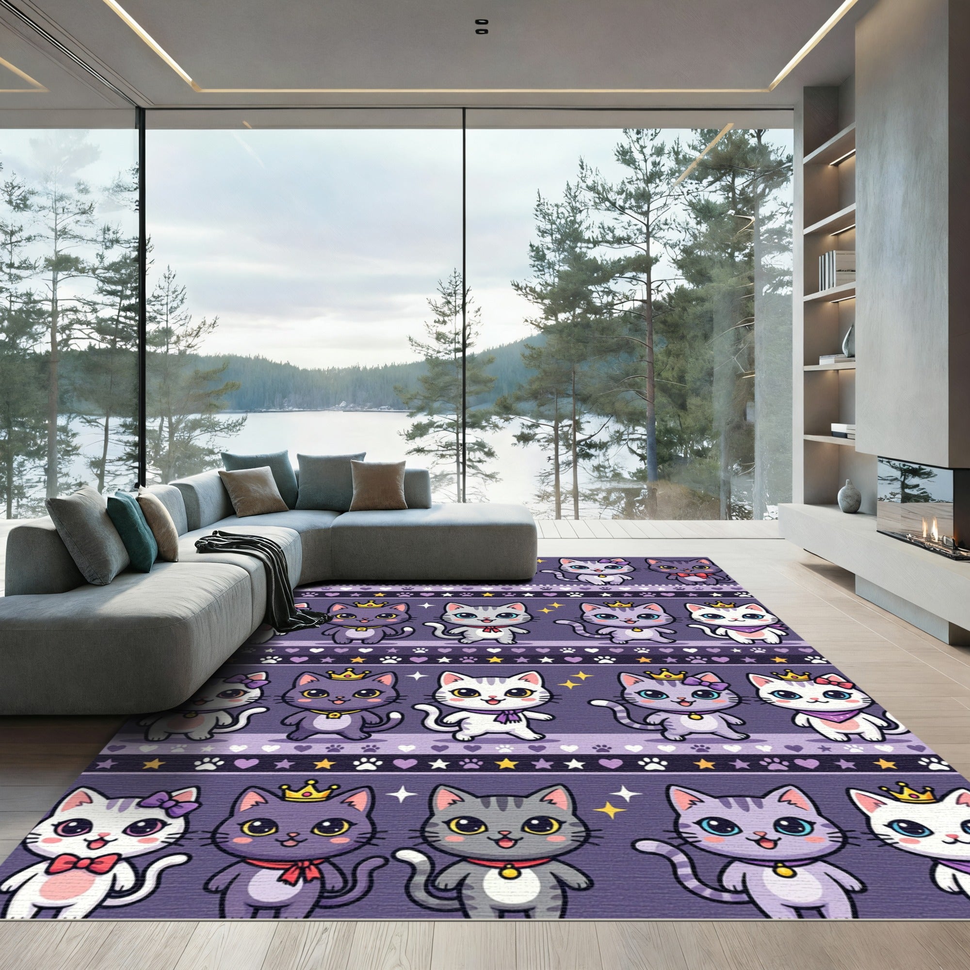 Cute Kitten Characters Purple Stripe Rug