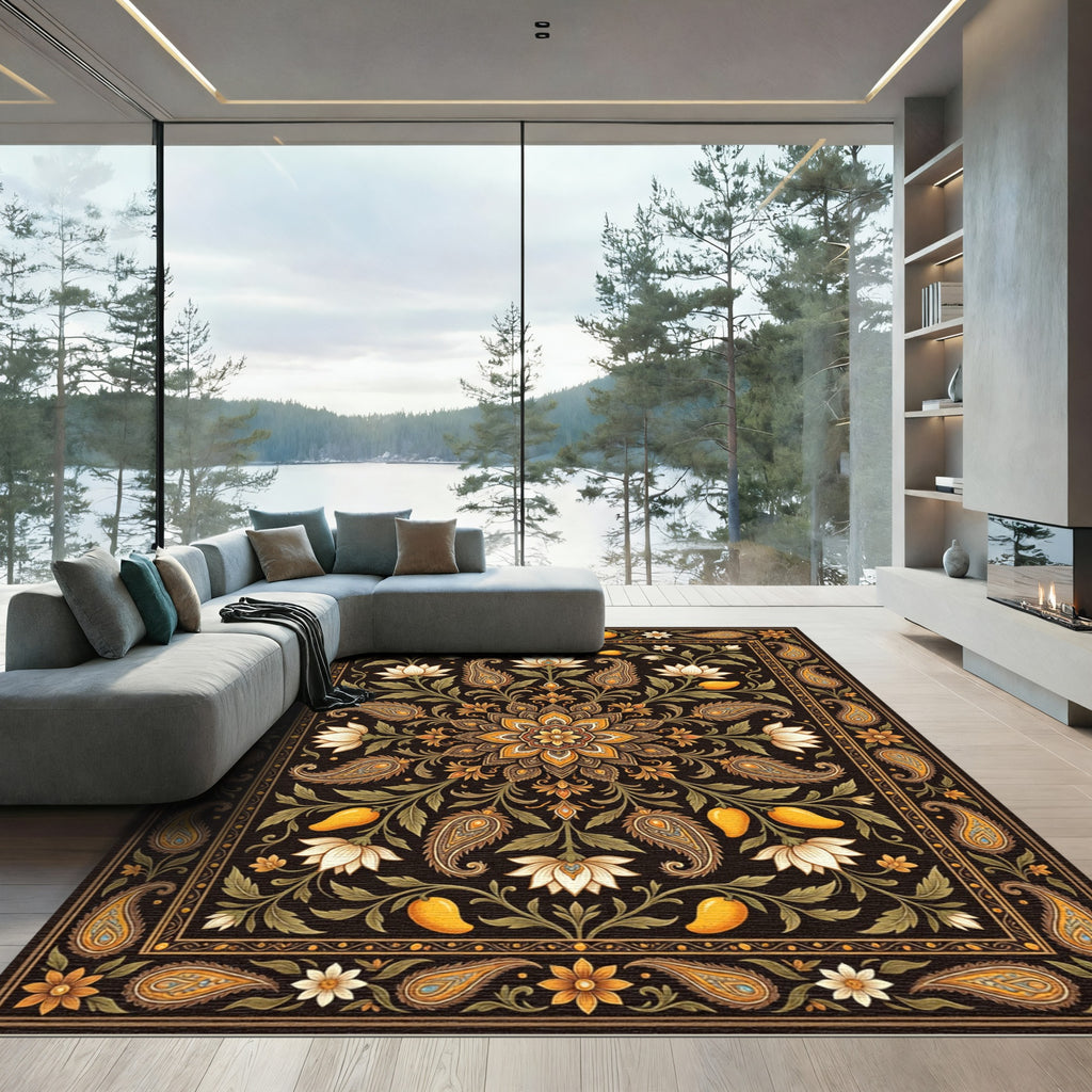 Earthy Gold Floral Paisley Medallion Rug
