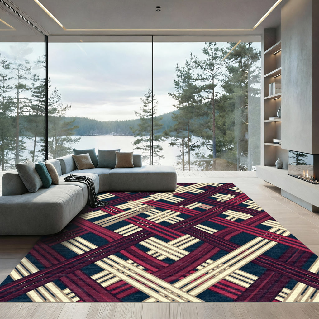 Deep Navy Crimson Woven Lattice Rug