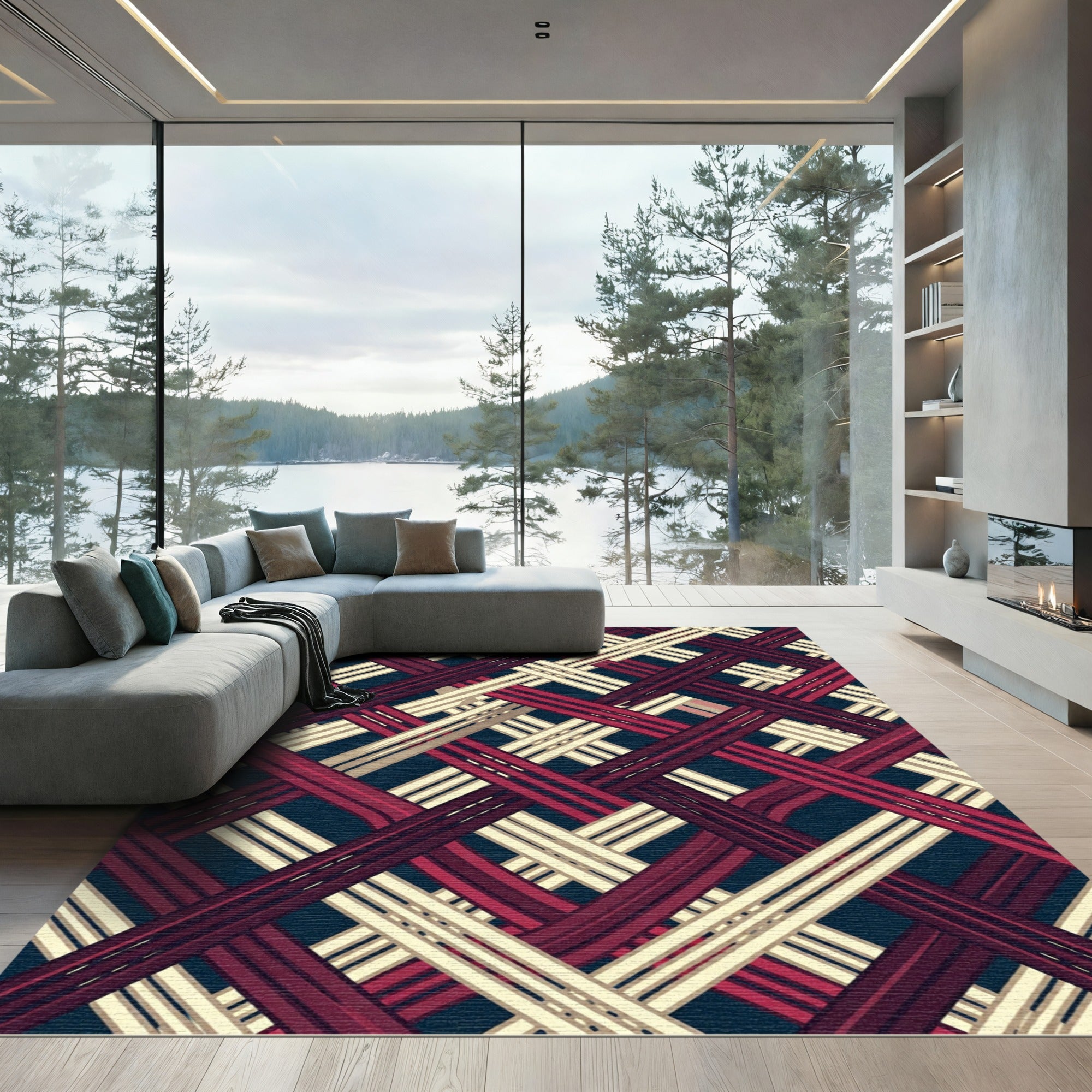 Deep Navy Crimson Woven Lattice Rug