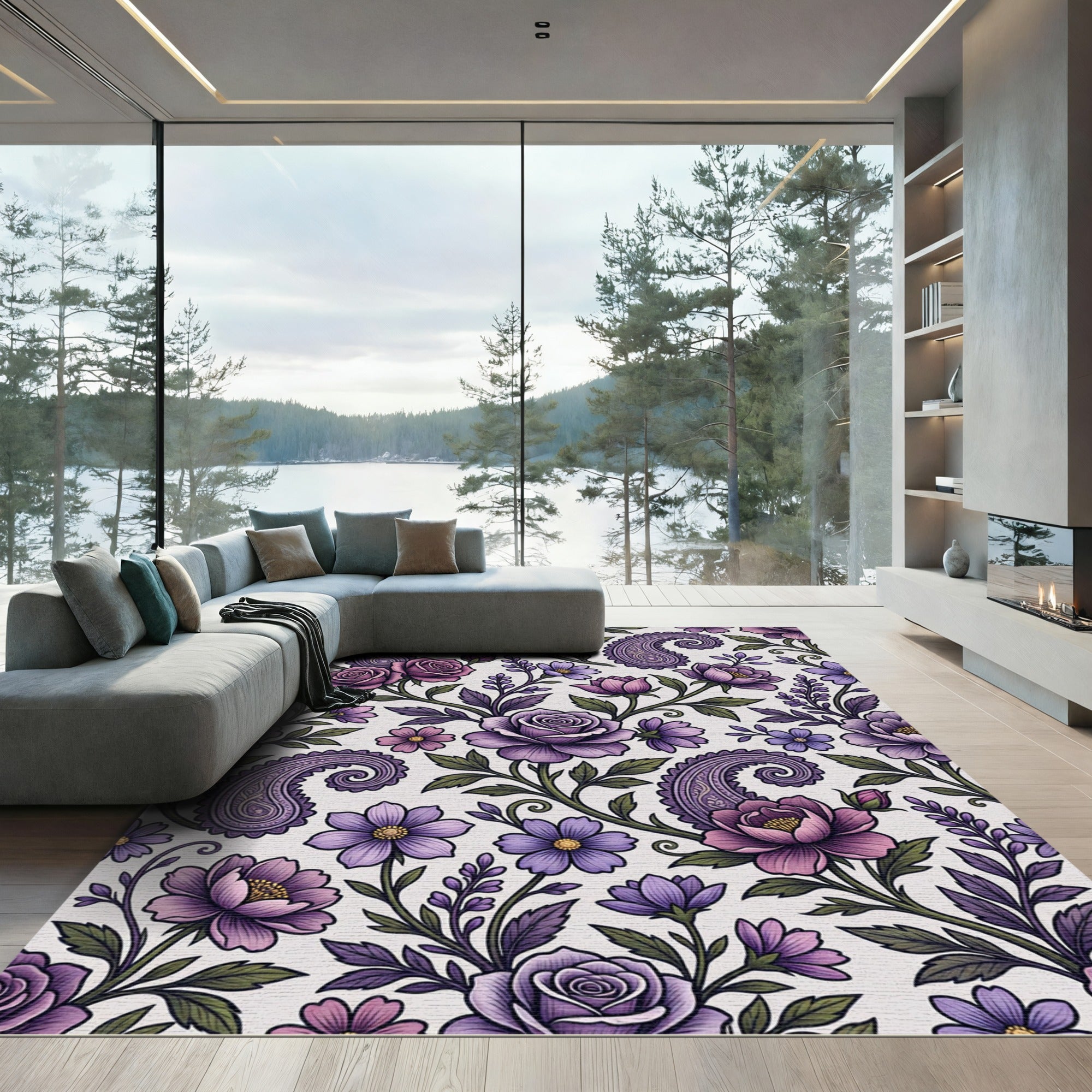 Purple Rose and Paisley Floral Garden Rug