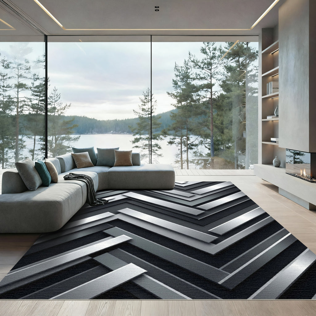Modern Metallic Silver Chevron Stripe Rug