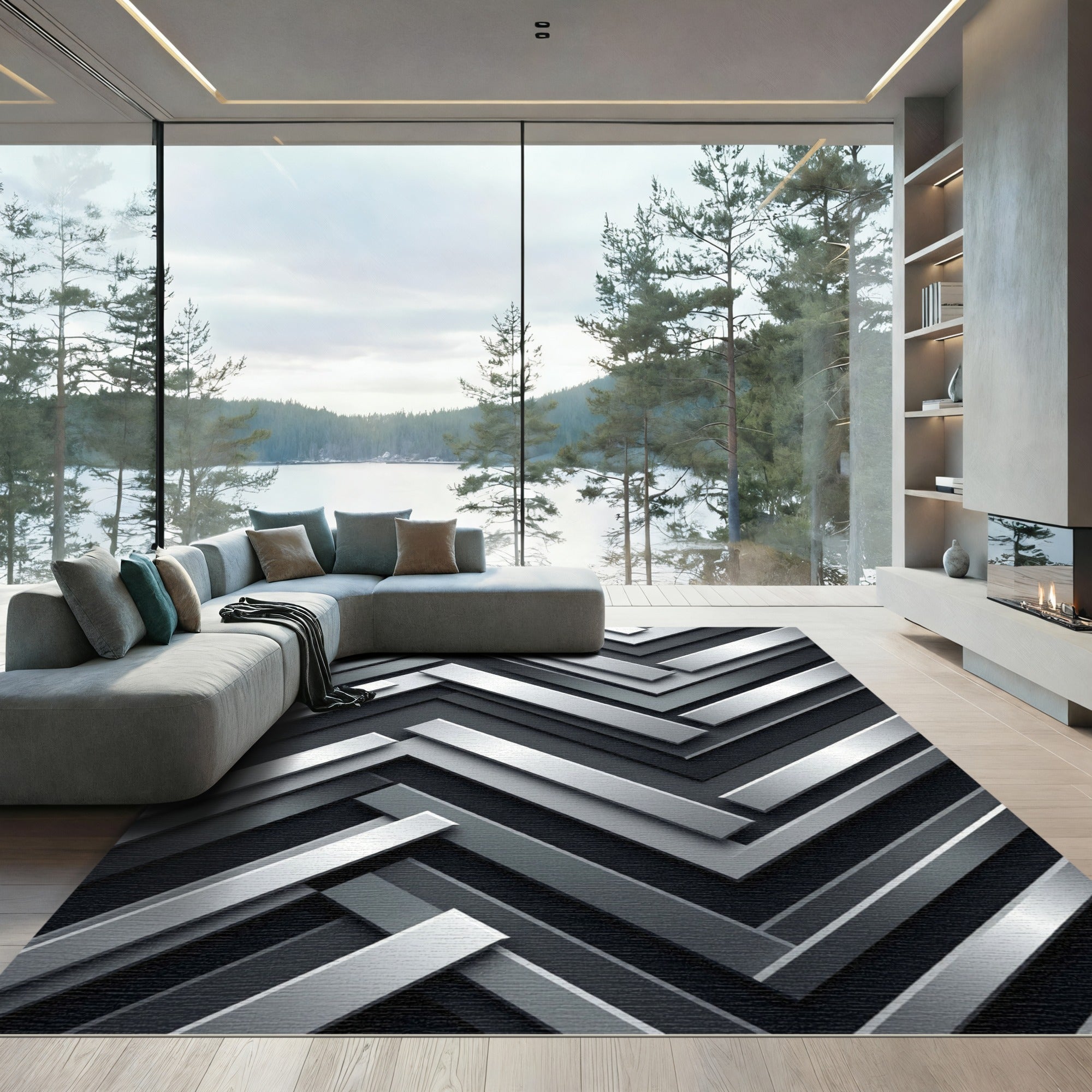 Modern Metallic Silver Chevron Stripe Rug