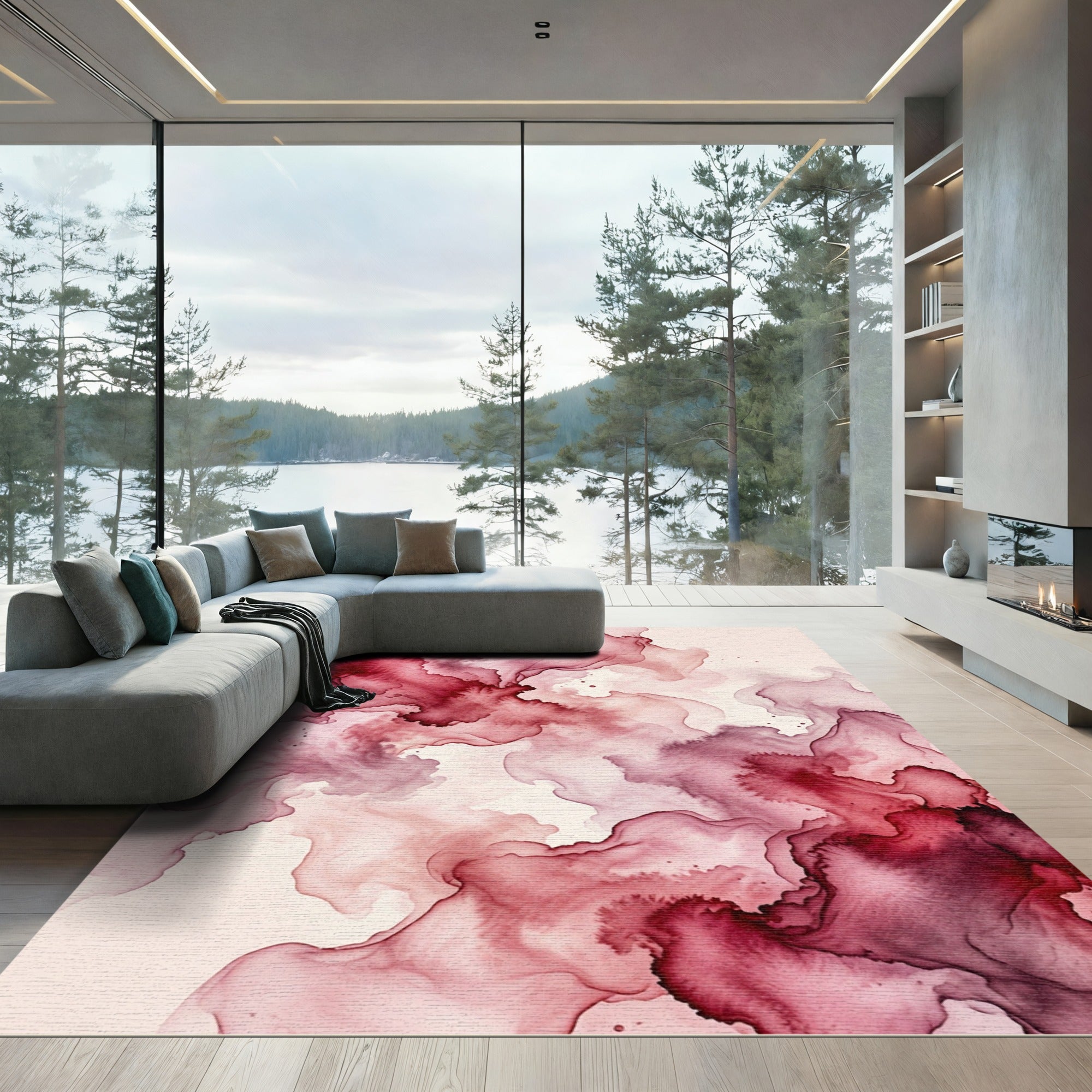 Crimson and Rose Fluid Abstraction Rug