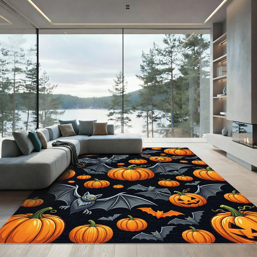 Spooky Halloween Bat and Pumpkin Art Rug
