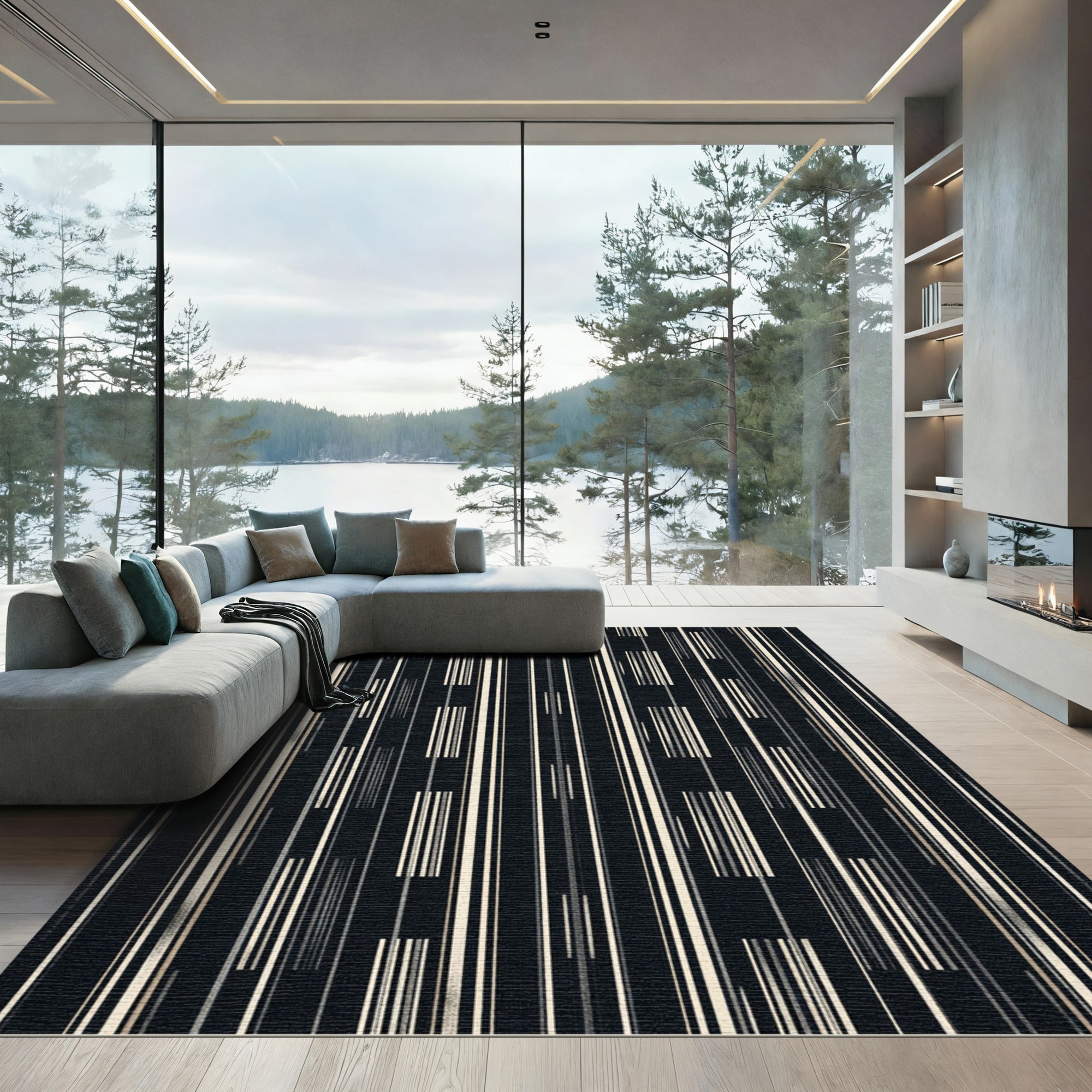 Modern Black Vertical Line Composition Rug