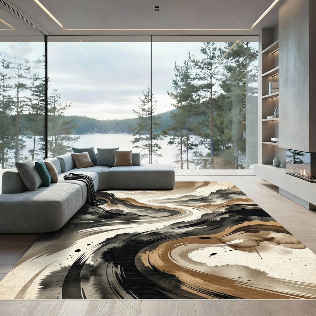 Abstract Ink Wash Mountain Landscape Rug