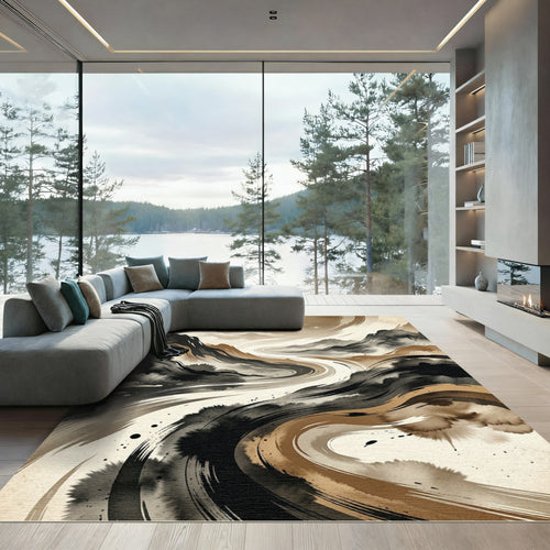 Abstract Ink Wash Mountain Landscape Rug