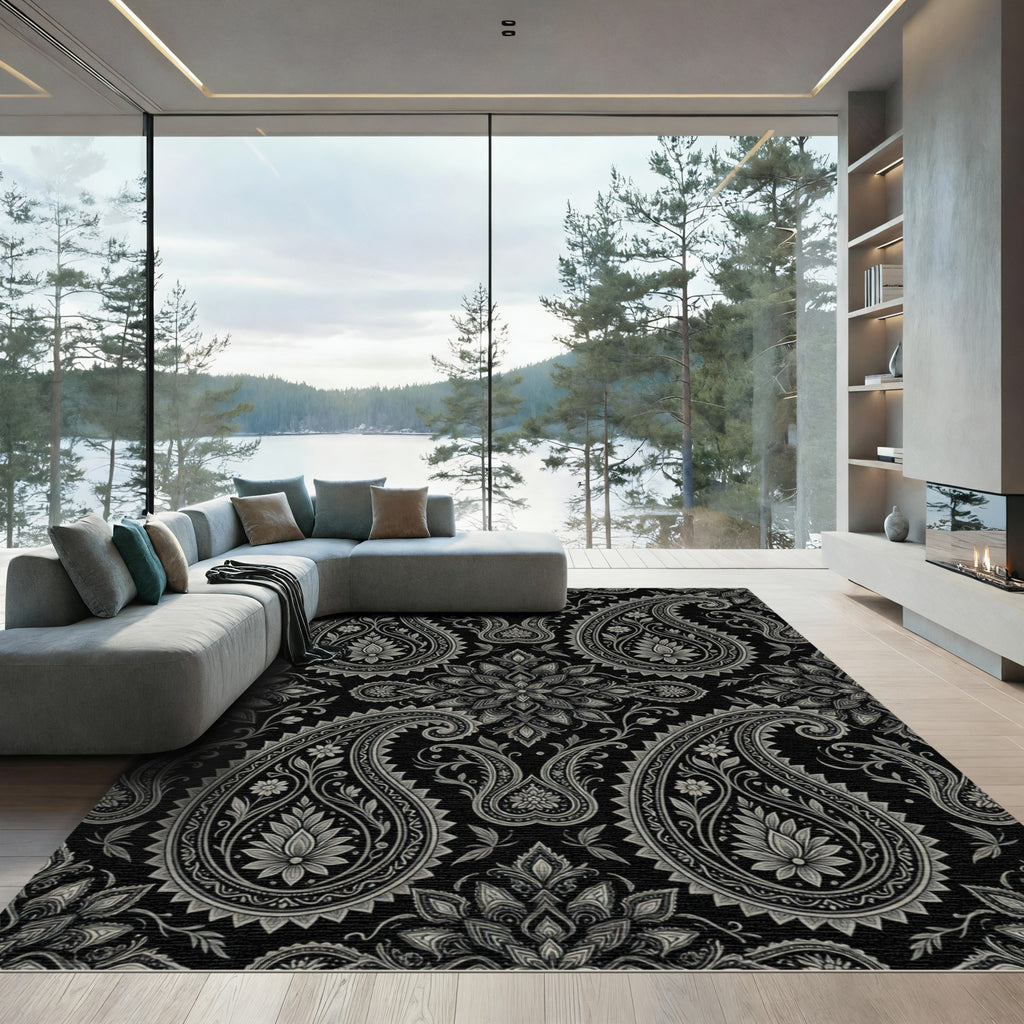 Black Silver Intricate Paisley Floral Rug