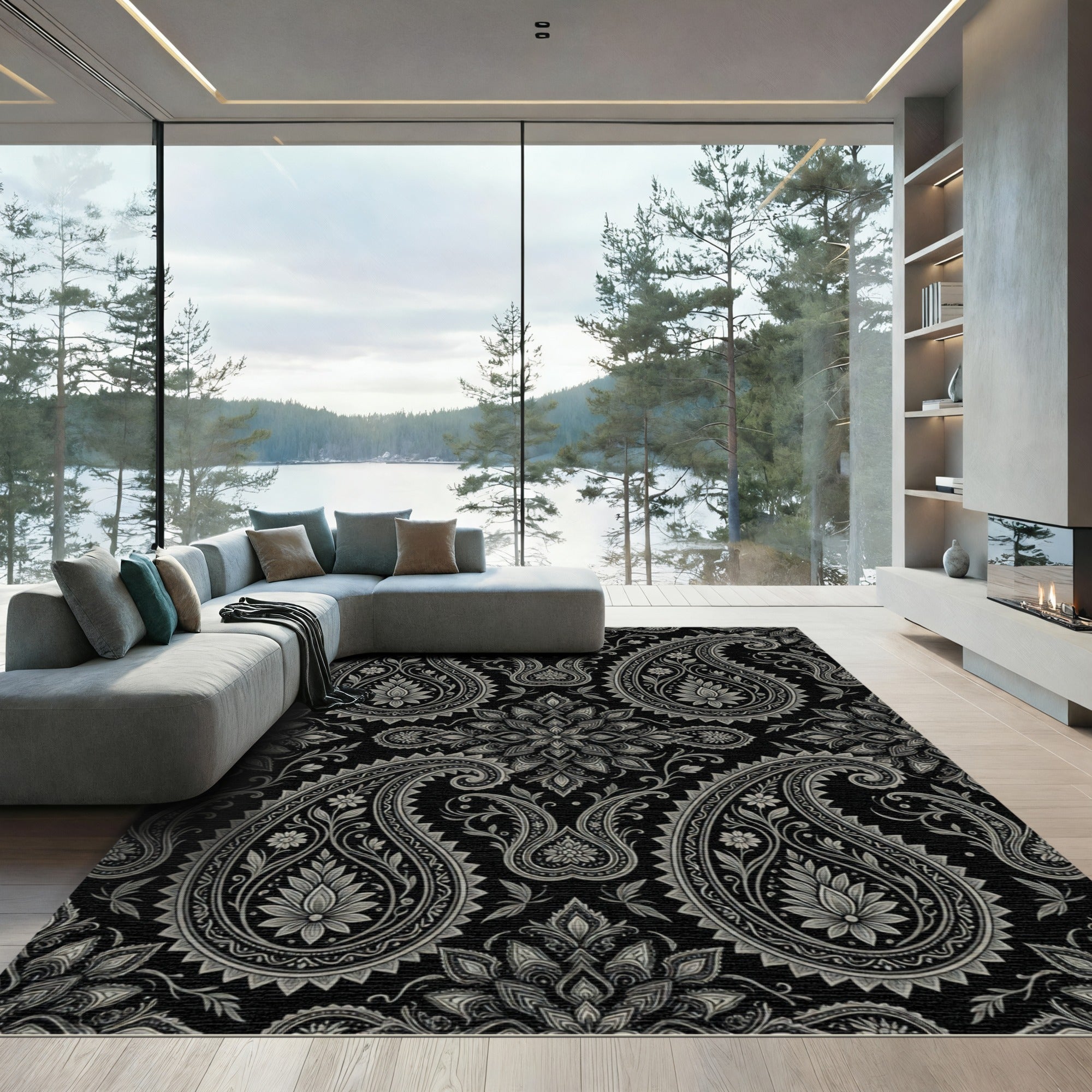 Black Silver Intricate Paisley Floral Rug