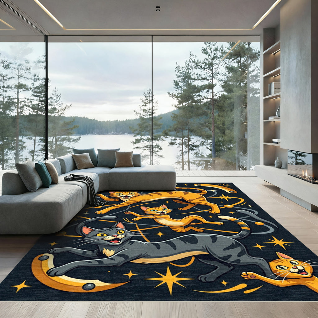 Playful Orange Gray Cats Stars Rug