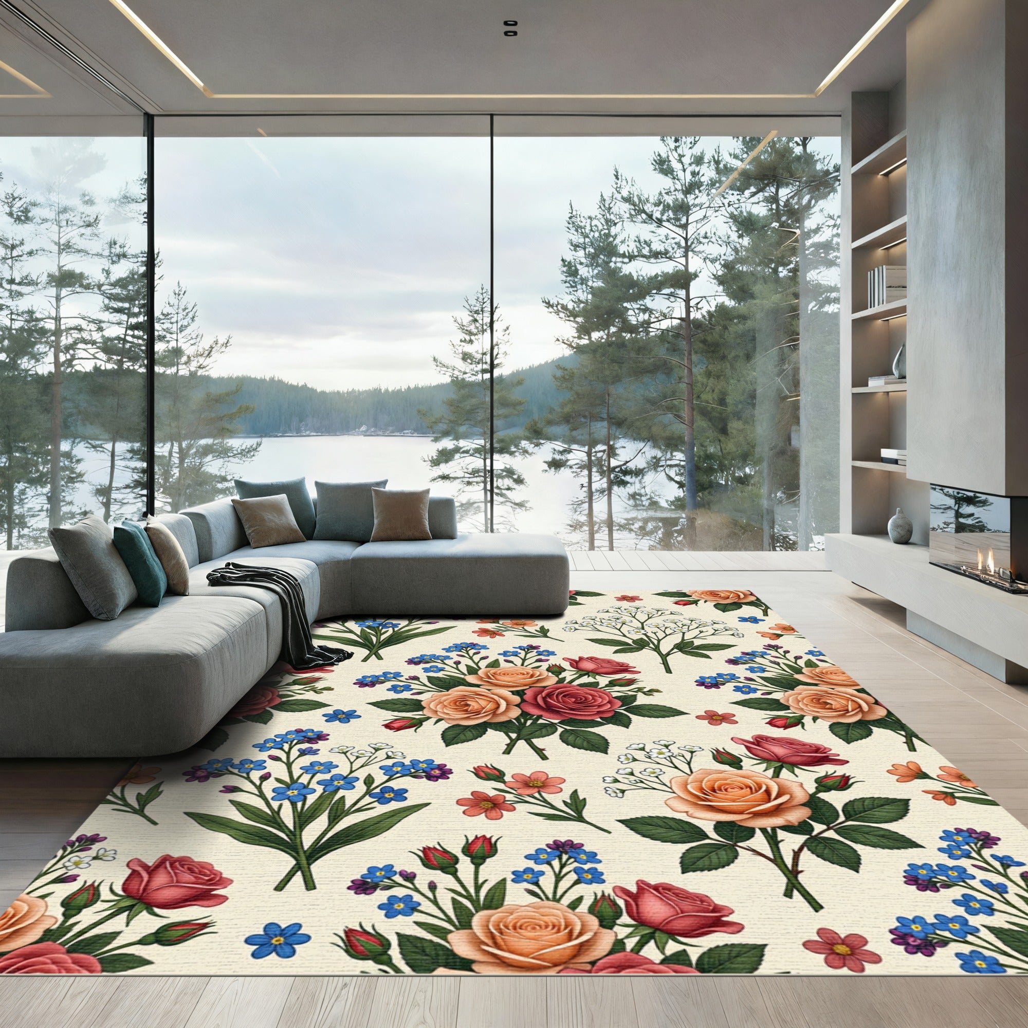 Coral and Rose Botanical Bouquet Arrangement Rug