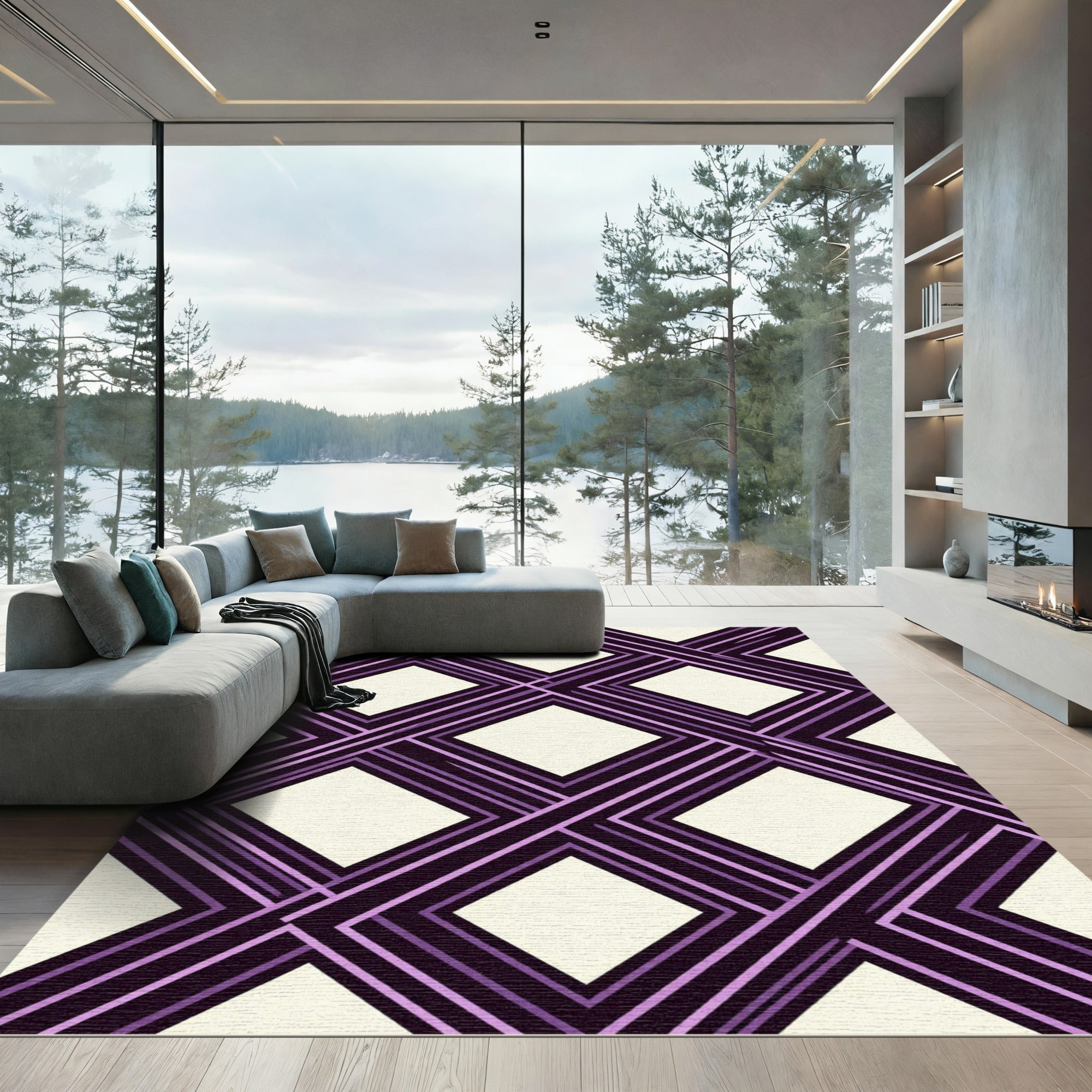 Geometric Interlocking Purple Diamond Lattice Rug